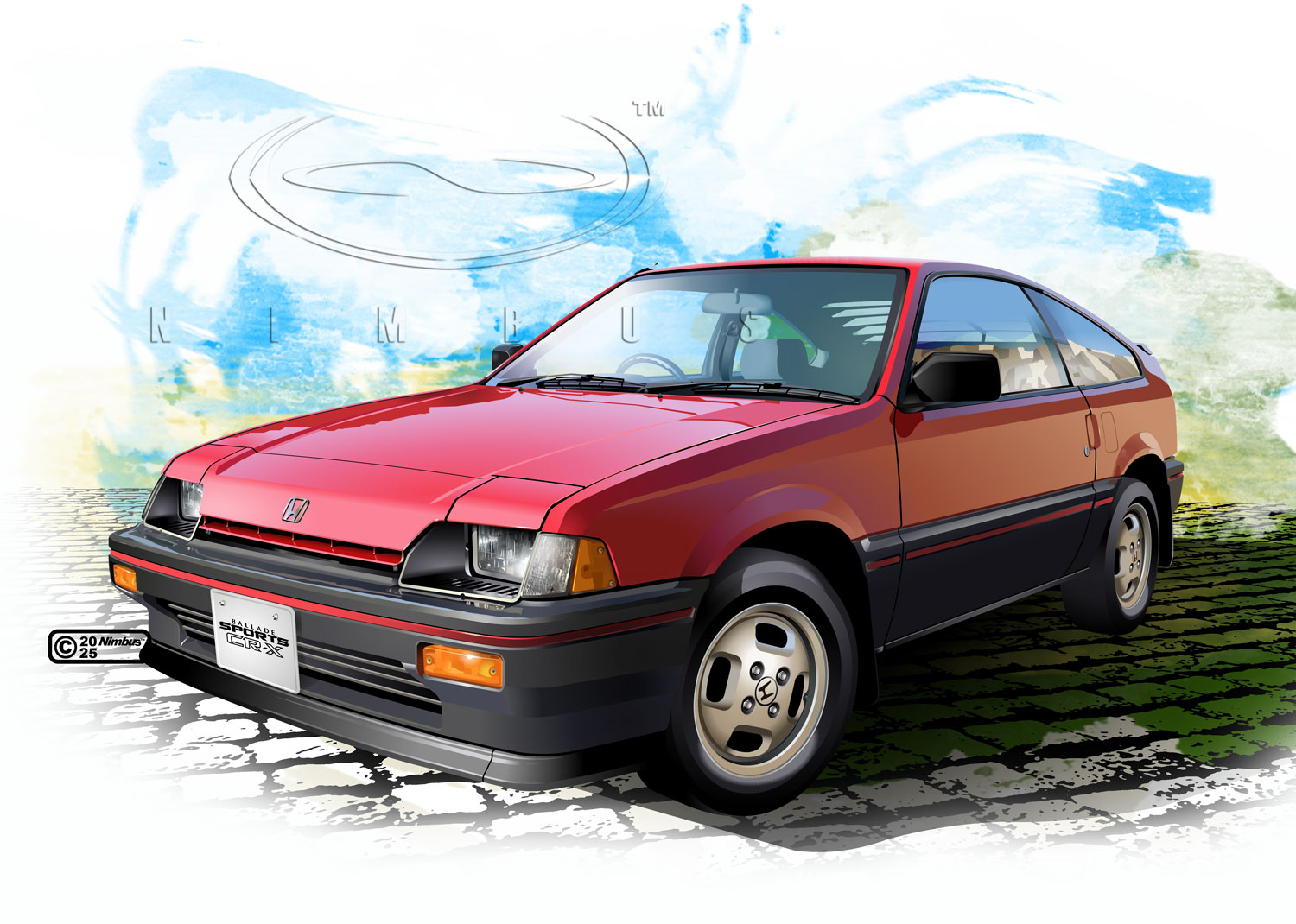 nimbus goldbrum, honda, original, commentary request, 2025, abstract background, artist name, car, cobblestone, copyright notice, dated, honda cr-x, license plate, logo, motor vehicle, no humans, product placement, realistic, red car, right-hand drive, shadow, simple background, sports car, steering wheel, vehicle focus, watermark, white background