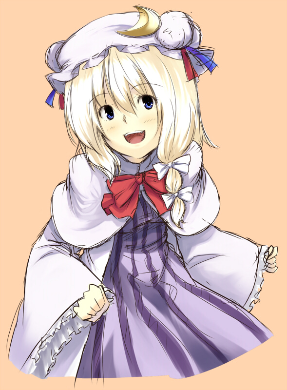 hiroya juuren, kirisame marisa, patchouli knowledge, touhou, 1girl, blonde hair, blue eyes, bow, bowtie, braid, cosplay, dress, female focus, hair bow, hair ribbon, hat, patchouli knowledge (cosplay), ribbon, simple background, solo