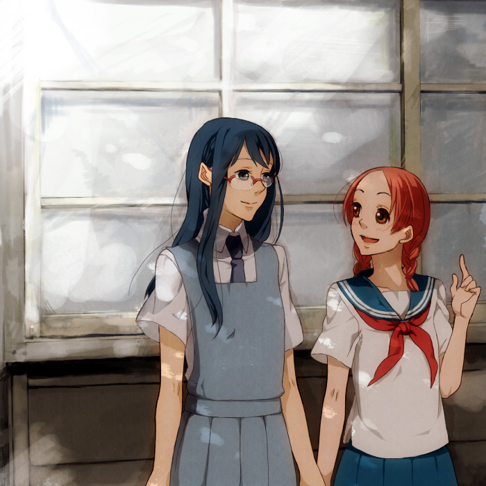 kurage (huwahuwaru n), manjoume fumi, okudaira akira, aoi hana, bad id, bad pixiv id, 00s, 2girls, blue hair, braid, brown eyes, eye contact, glasses, long hair, looking at another, multiple girls, necktie, red eyes, red hair, ribbon, school uniform, serafuku, short twintails, skirt, smile, twin braids, twintails, yuri