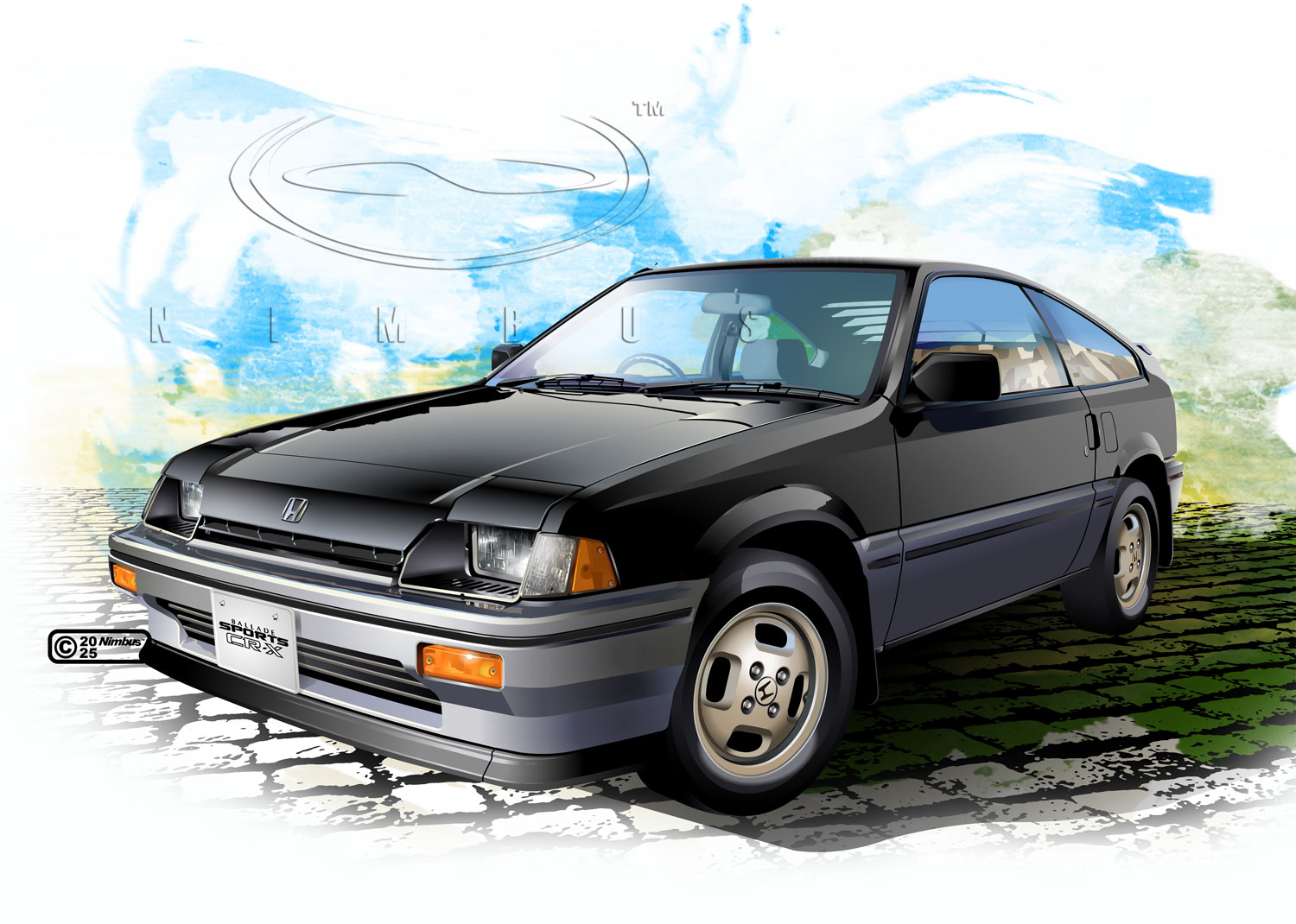 nimbus goldbrum, honda, original, commentary request, 2025, abstract background, artist name, black car, car, cobblestone, copyright notice, dated, honda cr-x, license plate, logo, motor vehicle, no humans, product placement, realistic, right-hand drive, shadow, simple background, sports car, steering wheel, vehicle focus, watermark, white background