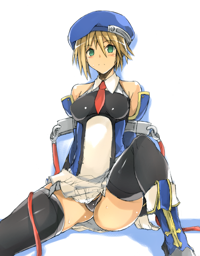 usugiri bacon, noel vermillion, arc system works, blazblue, 1girl, bare shoulders, beret, black panties, black thighhighs, blonde hair, boots, female focus, green eyes, hat, necktie, panties, pantyshot, short hair, sitting, solo, sweat, thighhighs, underwear