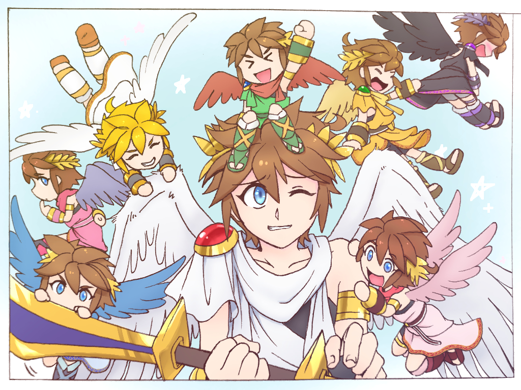yui fightpaint, pit (kid icarus), kid icarus, kid icarus uprising, nintendo, super smash bros., commentary request, > <, 6+boys, ahoge, alternate color, angel, angel wings, bike shorts, black wings, blonde hair, blue background, blue eyes, blush, bow (weapon), brown hair, collarbone, holding, holding bow (weapon), holding weapon, laurel crown, multiple boys, multiple persona, one eye closed, palutena bow (kid icarus), player 2, pulling another's clothes, red wings, star (symbol), weapon, wings