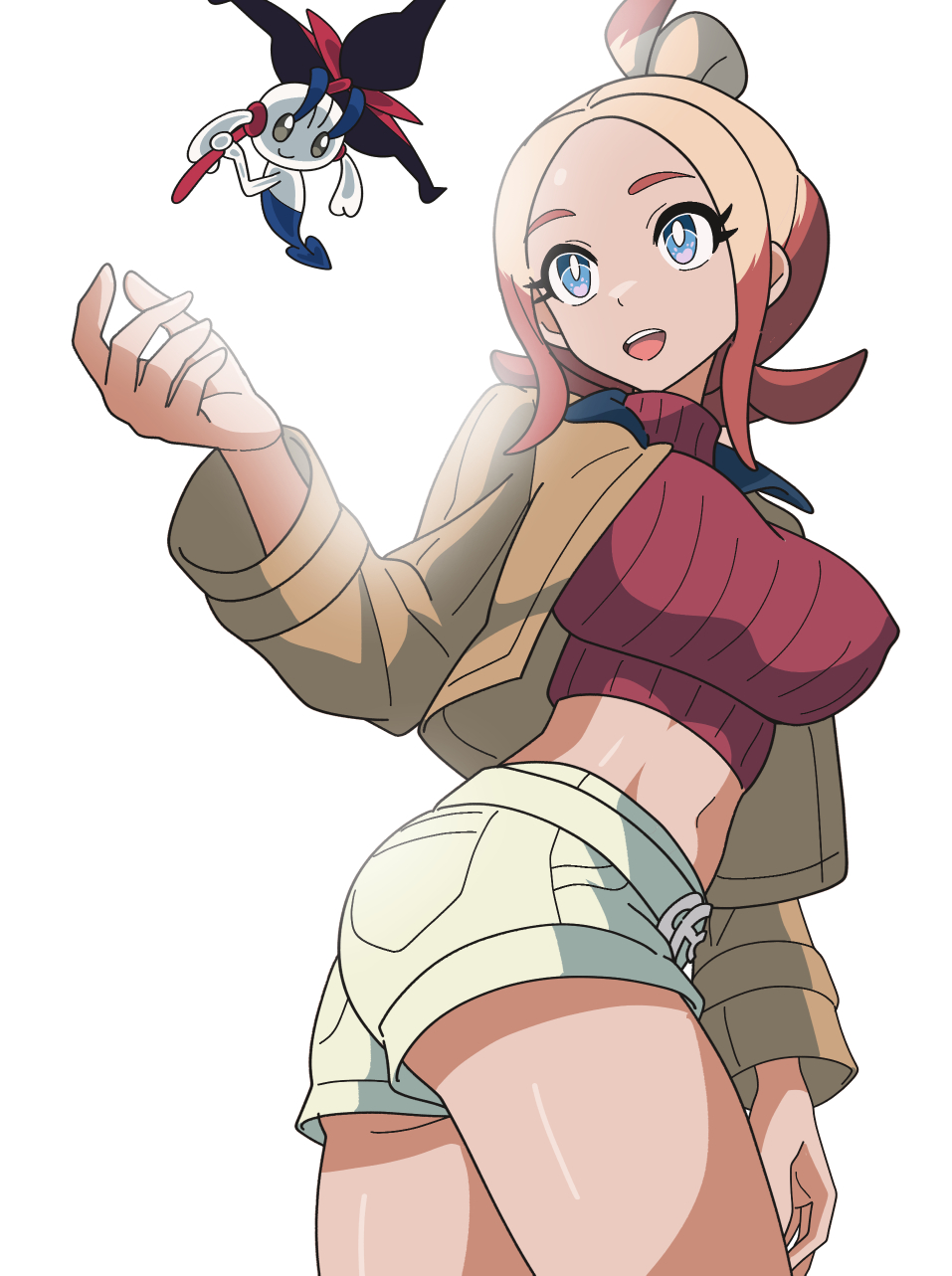 kanbei (pixiv11037490), floette, floette (eternal), taunie (pokemon), nintendo, pokemon, pokemon legends: z-a, commentary request, highres, 1girl, ass, blonde hair, blue eyes, breasts, brown jacket, closed mouth, cropped shirt, flower, gen 6 pokemon, gradient hair, hair bun, holding, holding flower, jacket, large breasts, long sleeves, midriff, multicolored hair, navel, open clothes, open jacket, open mouth, pink hair, pokemon (creature), red shirt, red sweater, ribbed shirt, shirt, shorts, simple background, smile, sweater, turtleneck, turtleneck shirt, white shorts