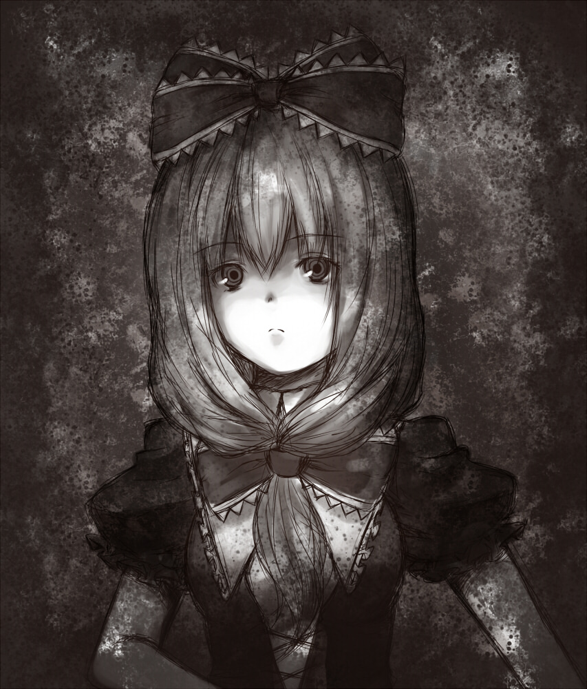 hiroya juuren, kagiyama hina, touhou, 1girl, female focus, front ponytail, hair ribbon, monochrome, ribbon, solo