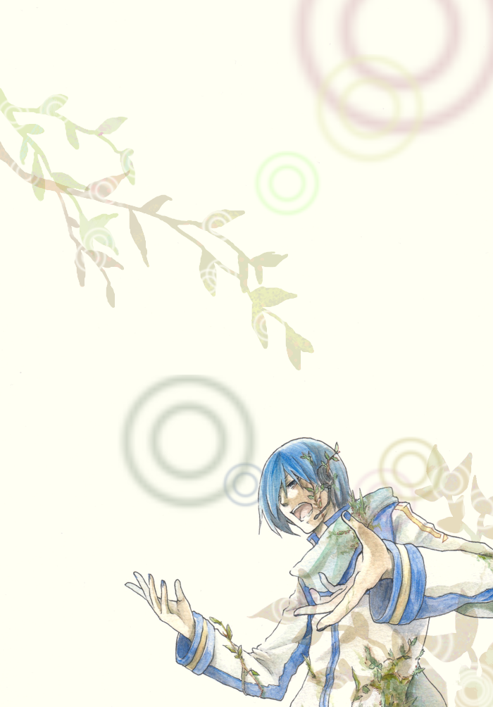 crise, kaito (vocaloid), sennen no dokusou uta (vocaloid), vocaloid, bad id, bad pixiv id, traditional media, 1boy, blue eyes, blue hair, headphones, headset, male focus, matching hair/eyes, nail polish, open mouth, scarf, short hair, solo