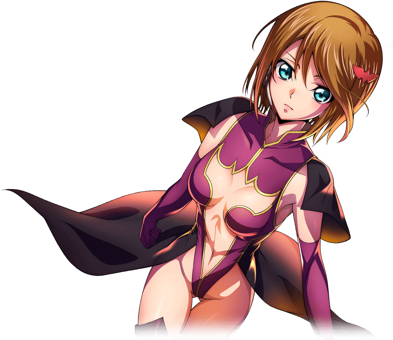 f4samurai, marika soresi, code geass, code geass: lost stories, official art, 1girl, boots, breasts, brown hair, elbow gloves, gloves, green eyes, groin, highleg, highleg leotard, leotard, looking at viewer, navel, short hair, solo, stomach, thigh boots, thighhighs, thighs, valkyrie
