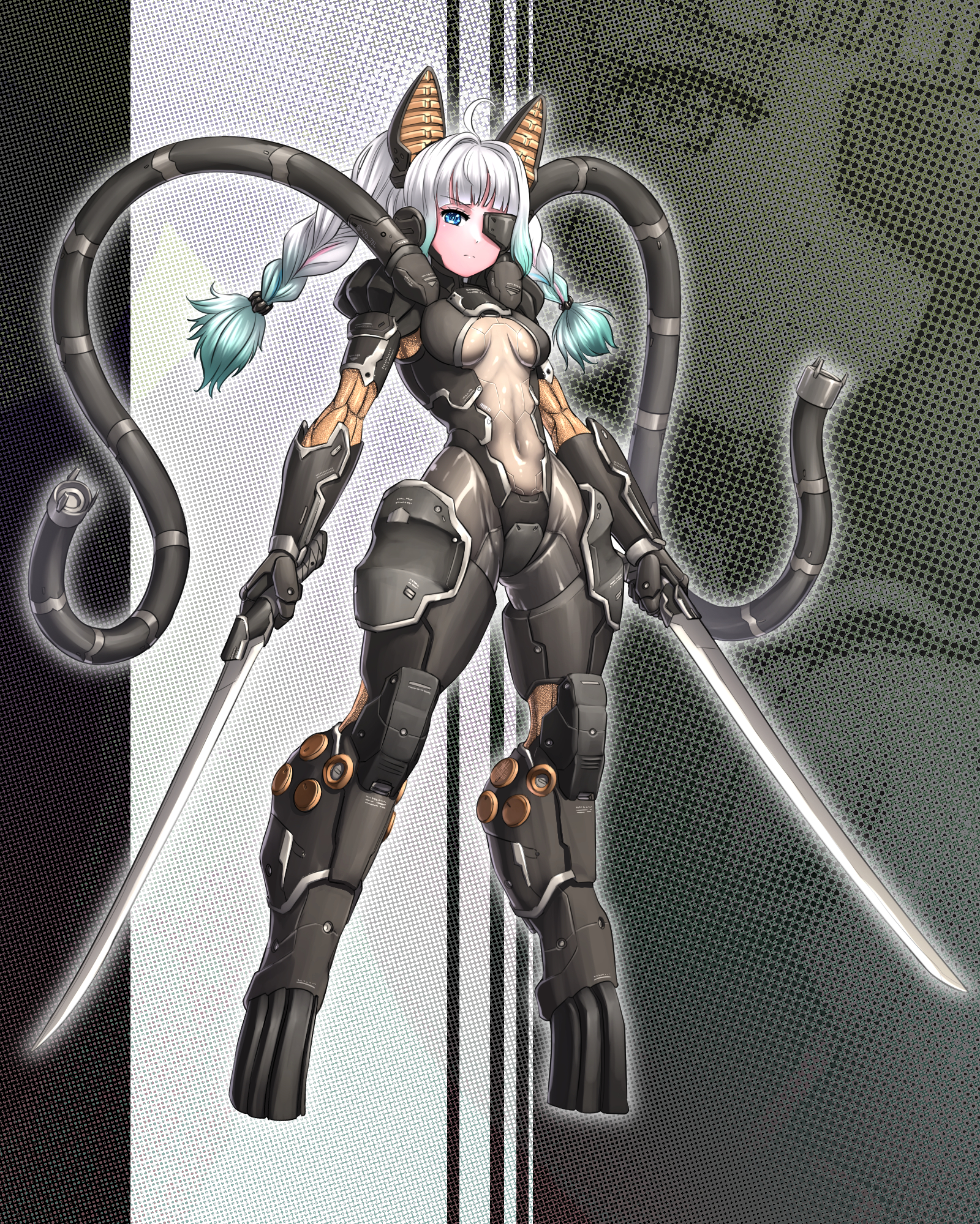 substance20, mint fantome, mint fantome (minto 2.0), solidus snake, indie virtual youtuber, metal gear (series), metal gear solid 2: sons of liberty, commentary, english commentary, highres, 1girl, ahoge, alternate costume, alternate hairstyle, animal ears, armor, arms at sides, blue eyes, blunt bangs, bodysuit, braid, braided twintails, breasts, breasts apart, brown bodysuit, cat ears, closed mouth, cosplay, covered navel, dual wielding, exoskeleton, eyepatch, full body, gradient hair, green hair, holding, holding sword, holding weapon, katana, long legs, looking at viewer, mecha musume, mechanical ears, medium breasts, multicolored bodysuit, multicolored hair, power armor, skin tight, solidus snake (cosplay), solo, standing, sword, tentacles, thighs, twintails, two-tone bodysuit, virtual youtuber, weapon, white hair, zoom layer