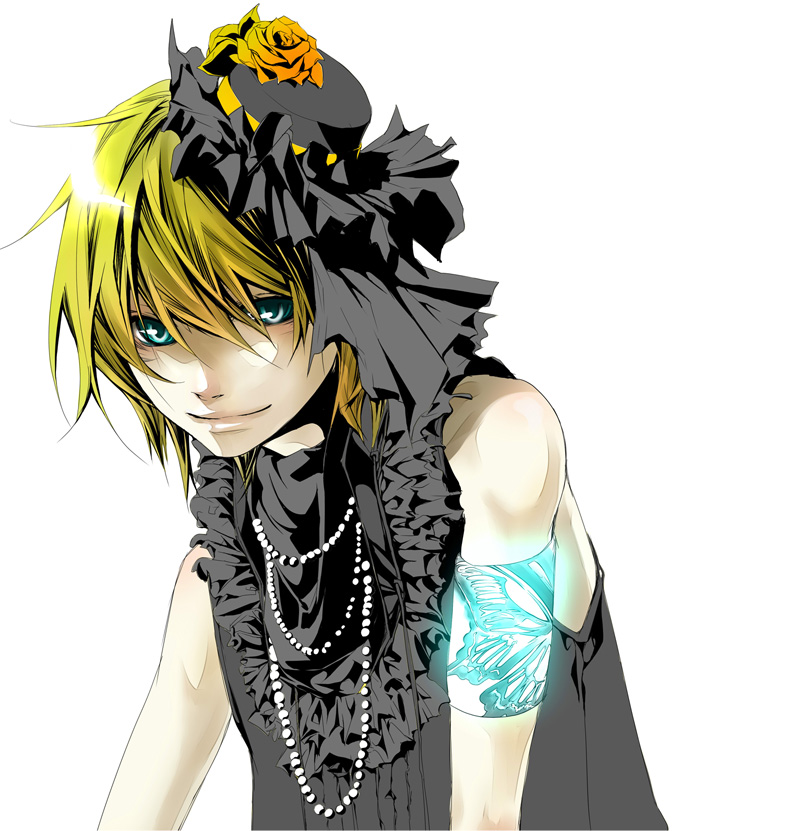 sakurai, simon (sakurai13), kagamine len, imitation black (vocaloid), vocaloid, 1boy, beads, blonde hair, blue eyes, crossdressing, crossdressing (mtf), flower, frills, hair ribbon, hat, hat flower, male focus, mini hat, mini top hat, orange flower, orange rose, ribbon, rose, short hair, simple background, smile, solo, top hat, trap
