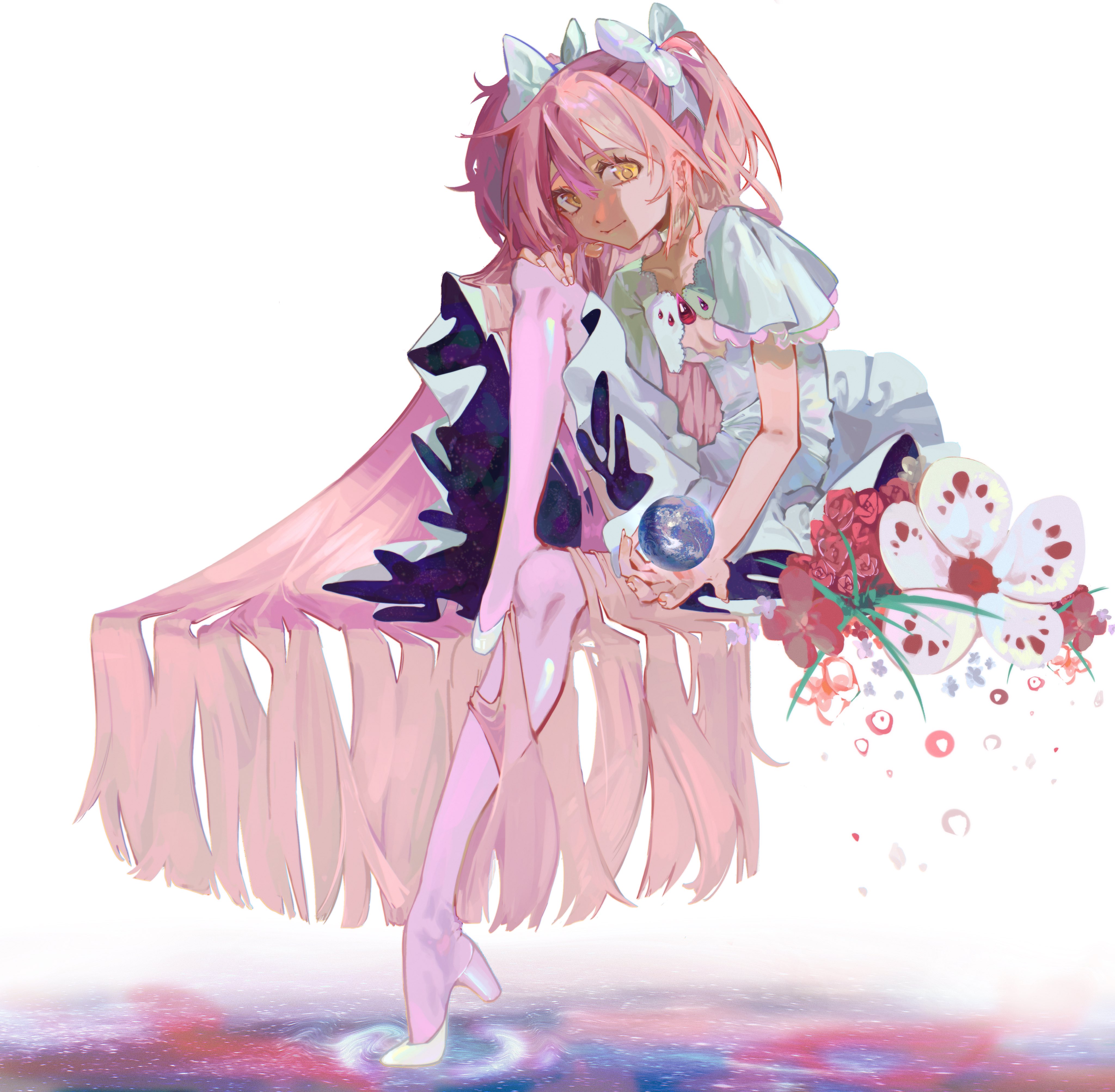 rainyy, kaname madoka, mahou shoujo madoka magica, absurdres, highres, 1girl, argyle clothes, argyle pantyhose, bubble skirt, drill hair, gun, holy quintet, magical girl, magical musket, mitakihara school uniform, school uniform, short twintails, skirt, solo, soul gem, striped clothes, striped thighhighs, thighhighs, twin drills, twintails, vertical-striped clothes, vertical-striped thighhighs, weapon