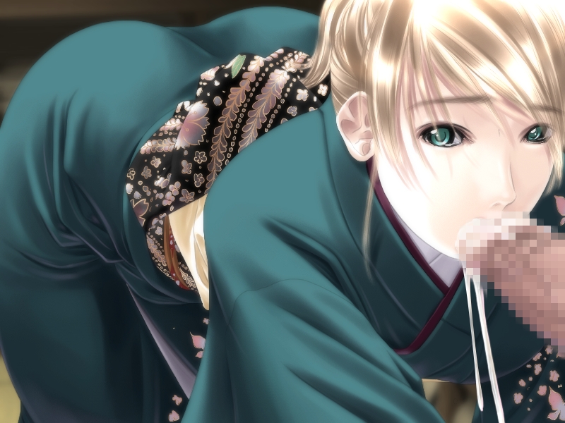 sumomo kpa, 1girl, blonde hair, censored, cum, cum in mouth, fellatio, green eyes, japanese clothes, kimono, long hair, mosaic censoring, oral, penis, solo focus