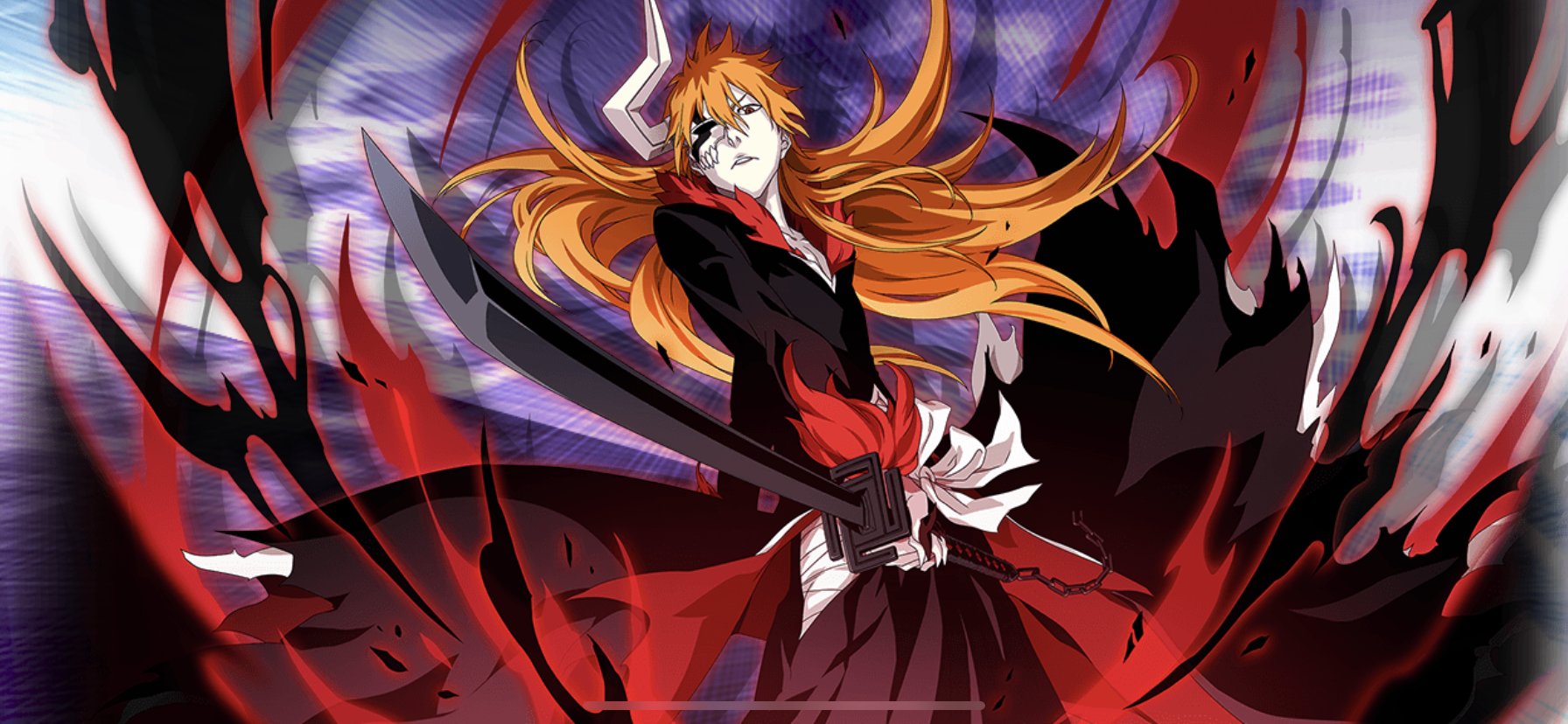 hollow ichigo, kurosaki ichigo, bleach, bleach: brave souls, official art, 2021, aura, bankai, collarbone, colored skin, floating hair, fur-trimmed collar, fur-trimmed sleeves, fur trim, half mask, holding, holding sword, holding weapon, horns, japanese clothes, long hair, looking at viewer, mask, orange hair, pale skin, shihakusho, single horn, sword, tensa zangetsu (bankai), weapon, zanpakutou