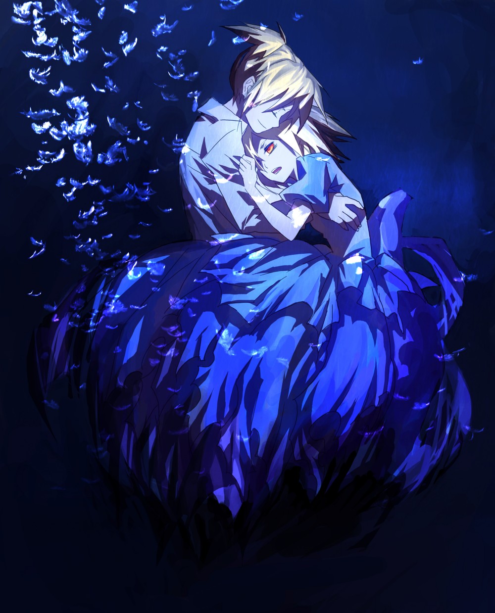 ichino (pixiv264496), neargraven, kagamine len, kagamine rin, vocaloid, bad id, bad pixiv id, highres, 1boy, 1girl, blonde hair, brother and sister, closed eyes, dress, feathers, gown, hetero, hug, red eyes, short hair, siblings, smile, twins