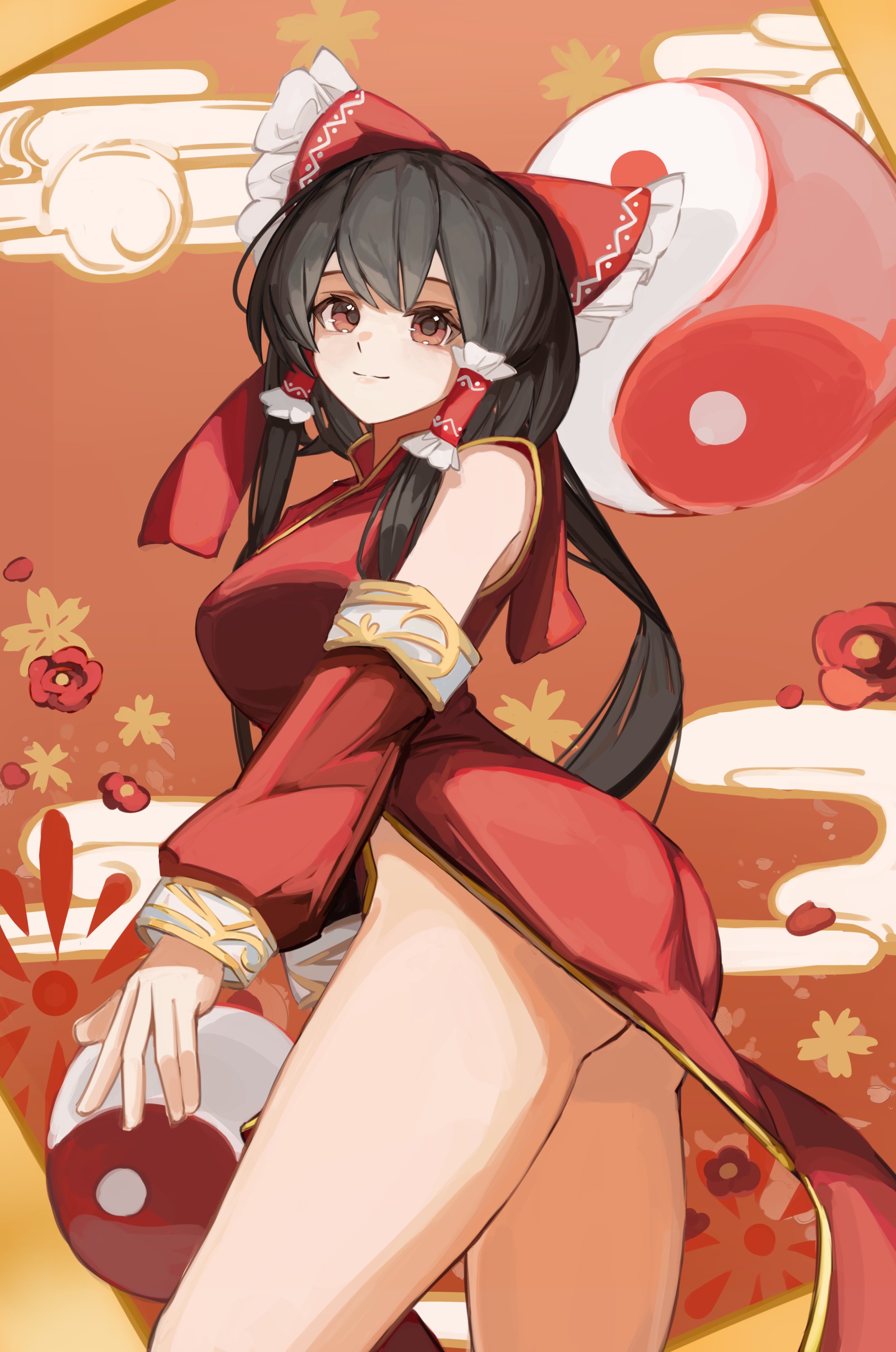 hirachill16, hakurei reimu, touhou, absurdres, commentary, highres, 1girl, alternate costume, ass, black hair, bow, china dress, chinese clothes, detached sleeves, dress, egasumi, feet out of frame, floral background, frilled bow, frilled hair tubes, frills, from side, hair bow, hair tubes, light smile, long hair, looking at viewer, looking to the side, orange background, orb, red bow, red dress, red eyes, solo, split mouth, thighs, yin yang, yin yang orb