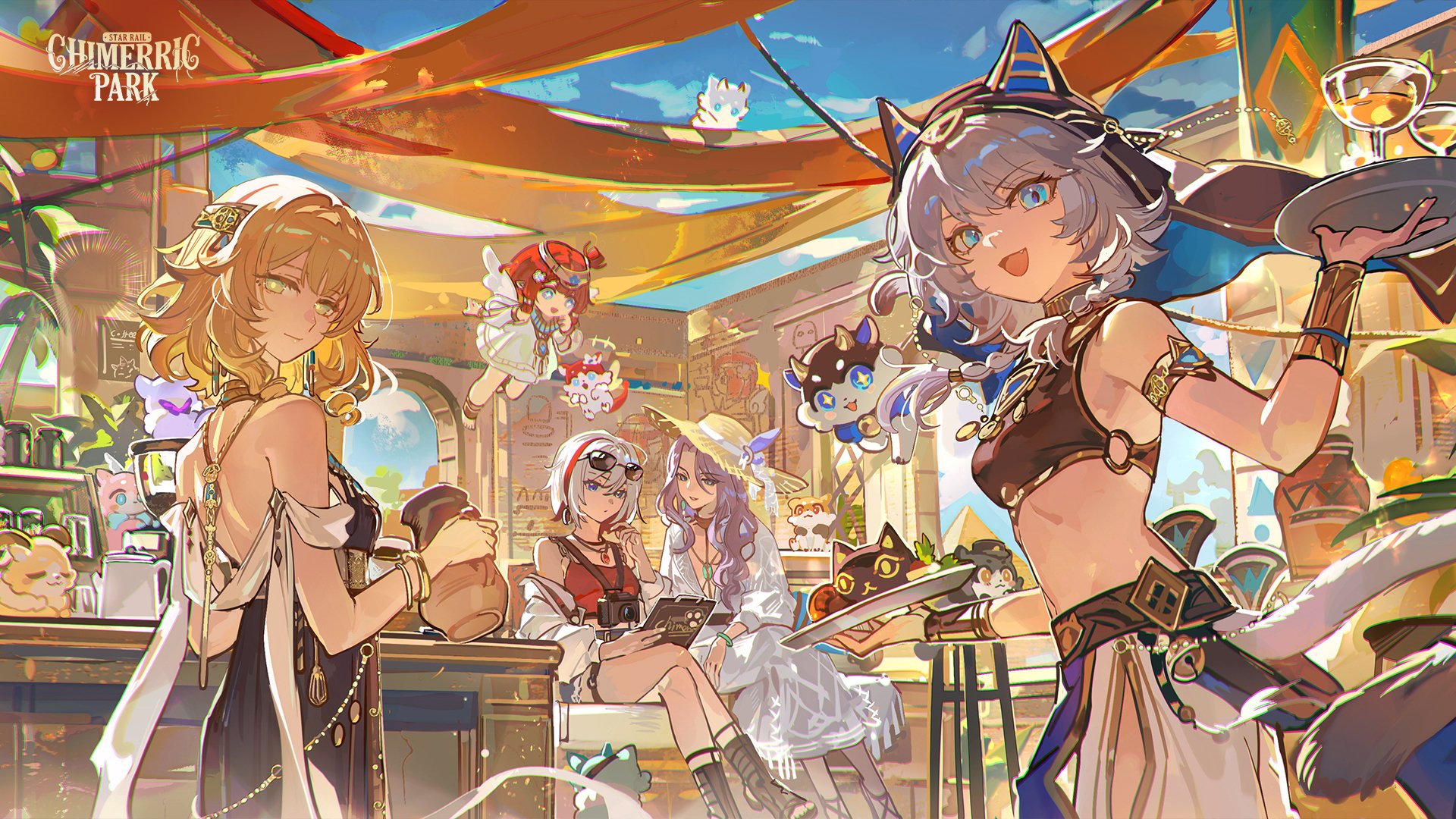 mento, aglaea (honkai: star rail), cipher (honkai: star rail), jade (honkai: star rail), topaz (honkai: star rail), tribbie (honkai: star rail), honkai: star rail, honkai (series), highres, mixed-language commentary, second-party source, 5girls, alternate costume, bare shoulders, blonde hair, blue eyes, cat girl, cat tail, closed mouth, crossed legs, dress, grey hair, hat, hoyofair, looking at viewer, multiple girls, open mouth, purple hair, red hair, short hair, sitting, smile, standing, stomach, straw hat, tail, white dress