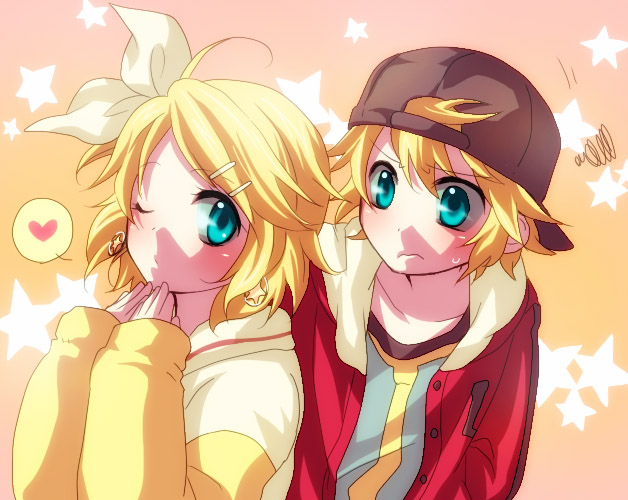 izumi kouyou, kagamine len, kagamine rin, juvenile (vocaloid), vocaloid, 1boy, 1girl, baseball cap, blonde hair, blue eyes, blush, brother and sister, casual, earrings, embarrassed, hair ornament, hair ribbon, hairclip, hat, heart, jewelry, one eye closed, ribbon, short hair, siblings, sweat, twins, wink