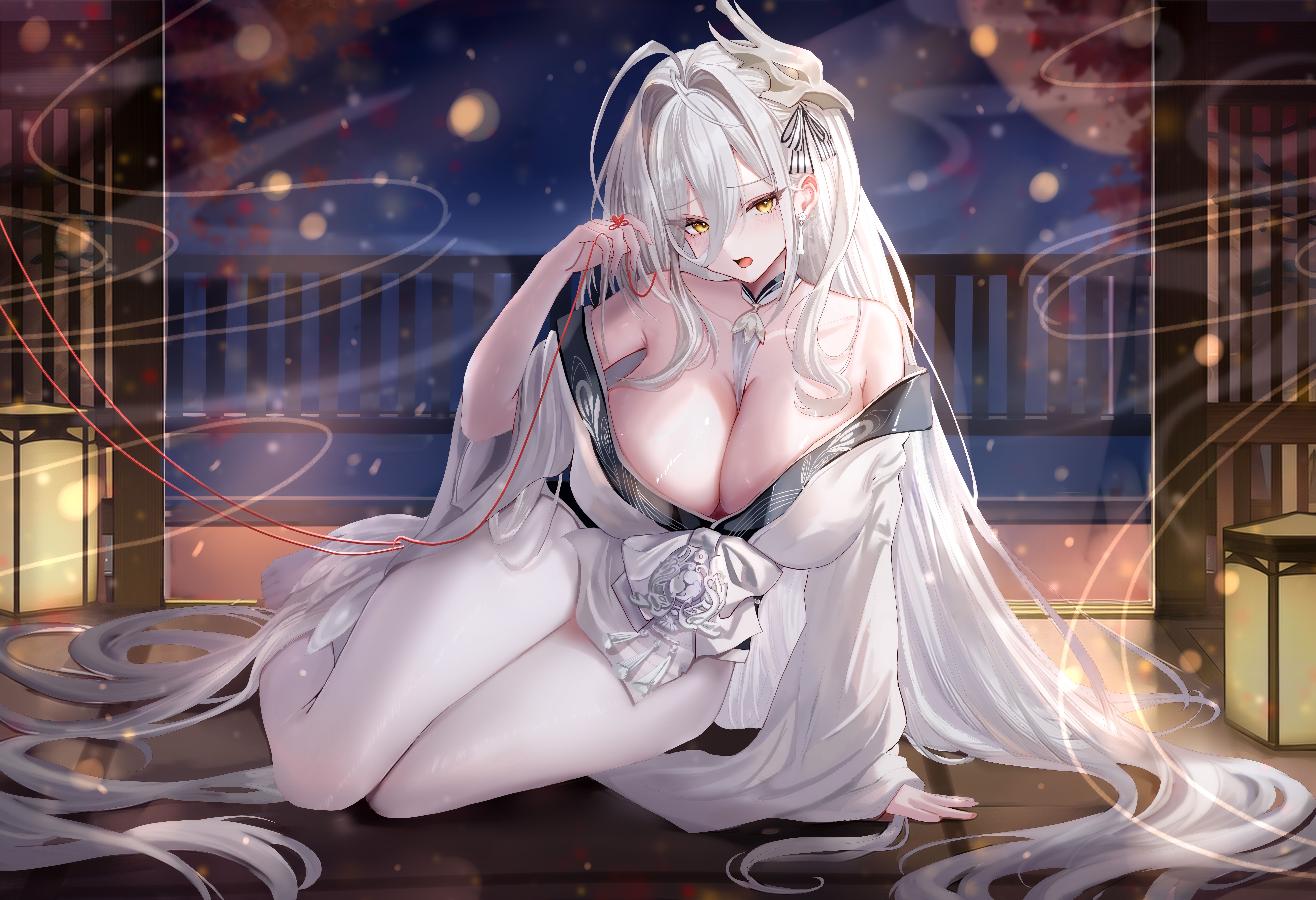 age fx, hakuhou (azur lane), azur lane, absurdres, commentary request, highres, partial commentary, 1girl, ahoge, arm support, bare shoulders, between breasts, breasts, cleavage, collarbone, earrings, feet, fence, from side, hair between eyes, hair intakes, hair ornament, hair spread out, hand up, head tilt, holding, huge ahoge, japanese clothes, jewelry, kimono, lantern, large breasts, legs, lens flare, light particles, long hair, long hair between eyes, long sleeves, looking at viewer, mask, mask on head, night, obi, off shoulder, on floor, open mouth, pantyhose, pelvic curtain, print kimono, sash, shouji, sitting, sliding doors, solo, string, tassel, tassel earrings, tatami, thighs, toes, very long hair, white kimono, white pantyhose, wide sleeves, wind, yellow eyes, yokozuwari