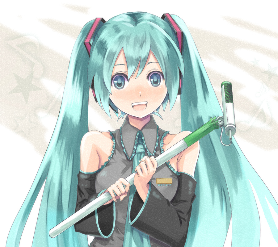 meet (105r), hatsune miku, vocaloid, bad id, bad pixiv id, aqua eyes, aqua hair, detached sleeves, headphones, headset, long hair, microphone, microphone stand, necktie, smile, solo, twintails