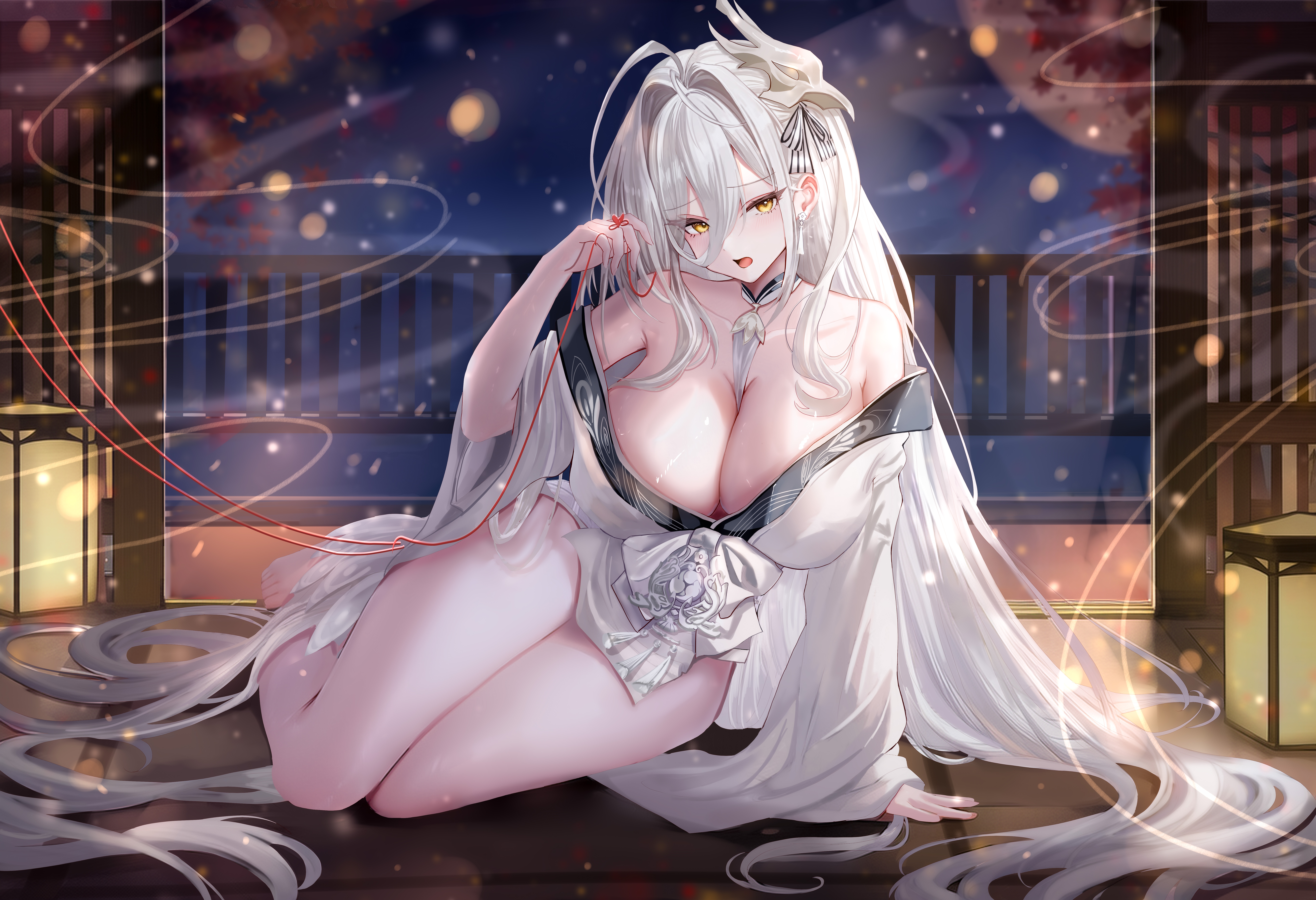 age fx, hakuhou (azur lane), azur lane, absurdres, commentary request, highres, partial commentary, 1girl, ahoge, arm support, bare shoulders, between breasts, breasts, cleavage, collarbone, earrings, feet, fence, from side, hair between eyes, hair intakes, hair ornament, hair spread out, hand up, head tilt, holding, huge ahoge, japanese clothes, jewelry, kimono, lantern, large breasts, legs, lens flare, light particles, long hair, long hair between eyes, long sleeves, looking at viewer, mask, mask on head, night, obi, off shoulder, on floor, open mouth, pelvic curtain, print kimono, sash, shouji, sitting, sliding doors, solo, string, tassel, tassel earrings, tatami, thighs, toes, very long hair, white kimono, wide sleeves, wind, yellow eyes, yokozuwari