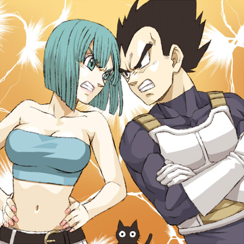 yorozu, bulma, tama (dragon ball), vegeta, dragon ball, dragonball z, lowres, 1boy, 1girl, angry, aqua eyes, aqua hair, armor, bandeau, bare shoulders, belt, black eyes, black hair, blue tube top, bob cut, breasts, cat, cleavage, confrontation, couple, crossed arms, fingernails, gloves, hands on own hips, hetero, hip focus, lightning, lips, lipstick, makeup, midriff, muscular, nail (hardware), nail polish, navel, pink nails, short hair, strapless, tube top