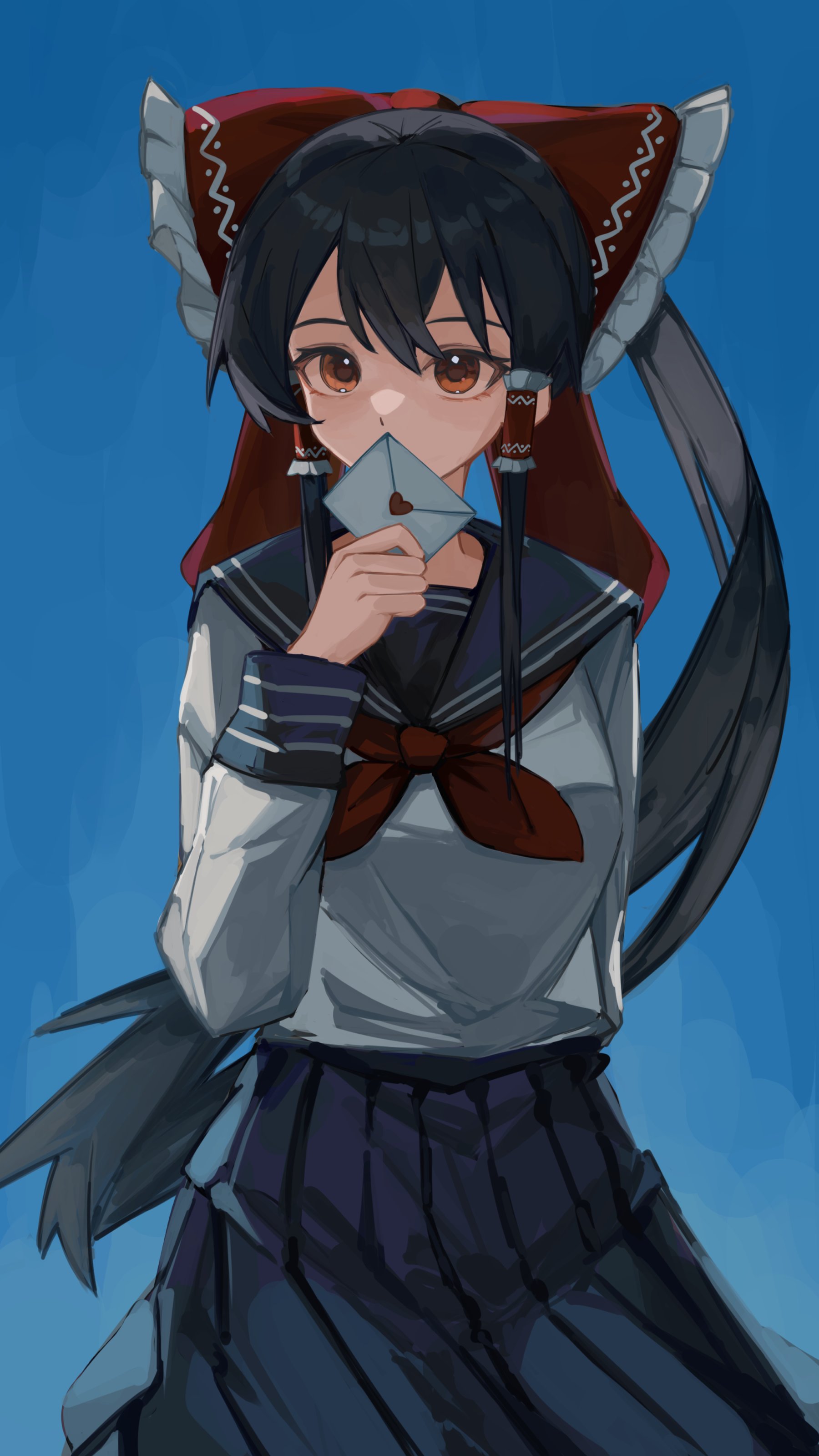 hirachill16, hakurei reimu, touhou, absurdres, commentary request, highres, 1girl, alternate costume, black hair, blue background, blue sailor collar, blue skirt, bow, covering own mouth, cowboy shot, frilled hair tubes, frills, hair bow, hair tubes, hand up, letter, long hair, long sleeves, looking at viewer, love letter, neckerchief, pleated skirt, ponytail, red bow, red eyes, red neckerchief, sailor collar, school uniform, shirt, skirt, solo, white shirt