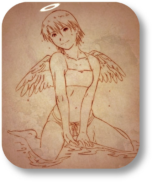 aaru sentou shuudan, kana, kana (haibane renmei), haibane renmei, 00s, 1girl, bare shoulders, barefoot, bikini, brown theme, female focus, halo, monochrome, navel, rounded corners, short hair, solo, swimsuit, traditional halo, water, wings