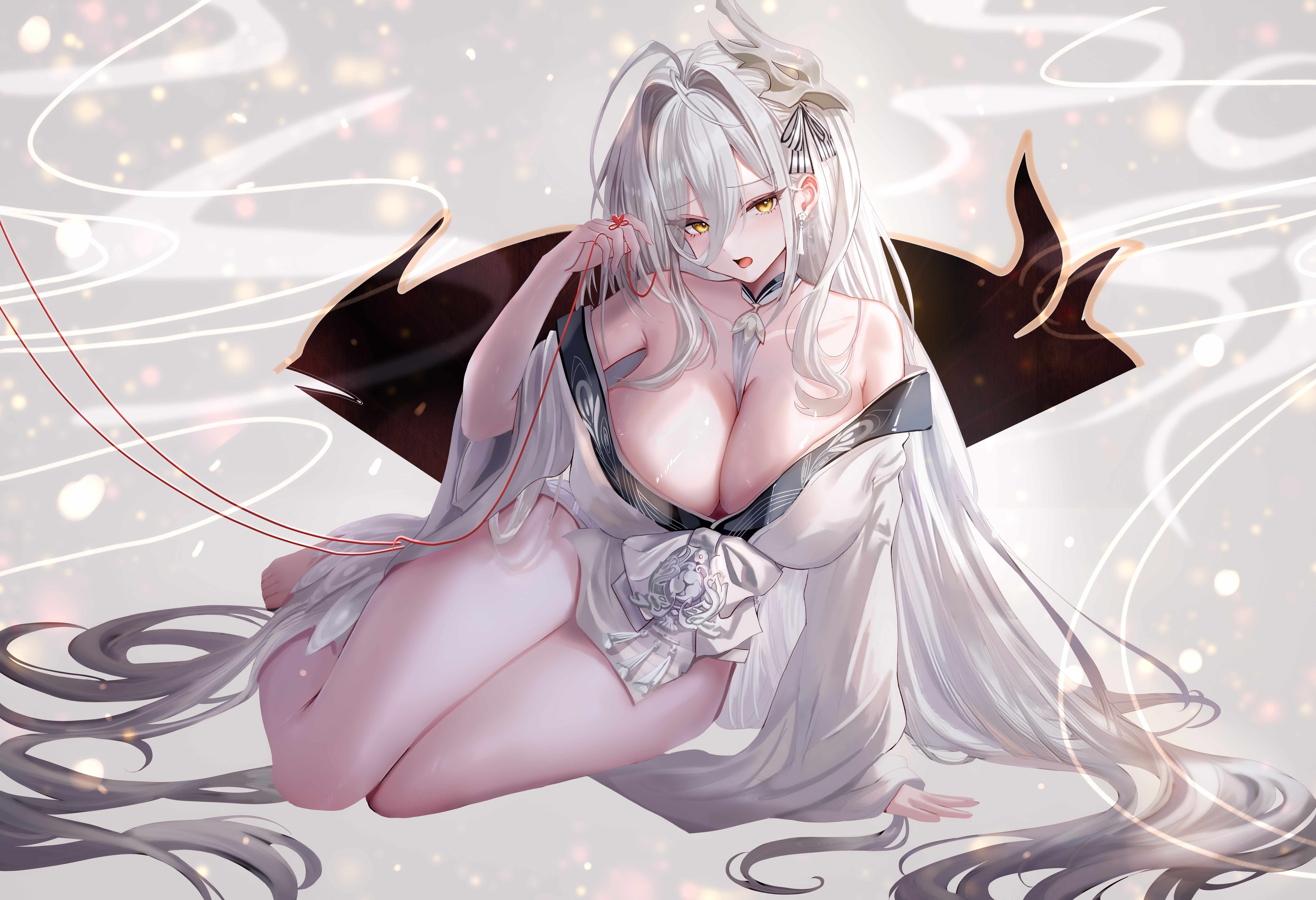 age fx, hakuhou (azur lane), azur lane, absurdres, commentary request, highres, partial commentary, 1girl, ahoge, arm support, bare shoulders, between breasts, breasts, cleavage, collarbone, earrings, feet, from side, grey background, hair between eyes, hair intakes, hair ornament, hair spread out, hand up, head tilt, holding, huge ahoge, japanese clothes, jewelry, kimono, large breasts, legs, lens flare, light particles, long hair, long hair between eyes, long sleeves, looking at viewer, mask, mask on head, obi, off shoulder, on ground, open mouth, pelvic curtain, print kimono, sash, sitting, solo, string, tassel, tassel earrings, thighs, toes, very long hair, white kimono, wide sleeves, wind, yellow eyes, yokozuwari