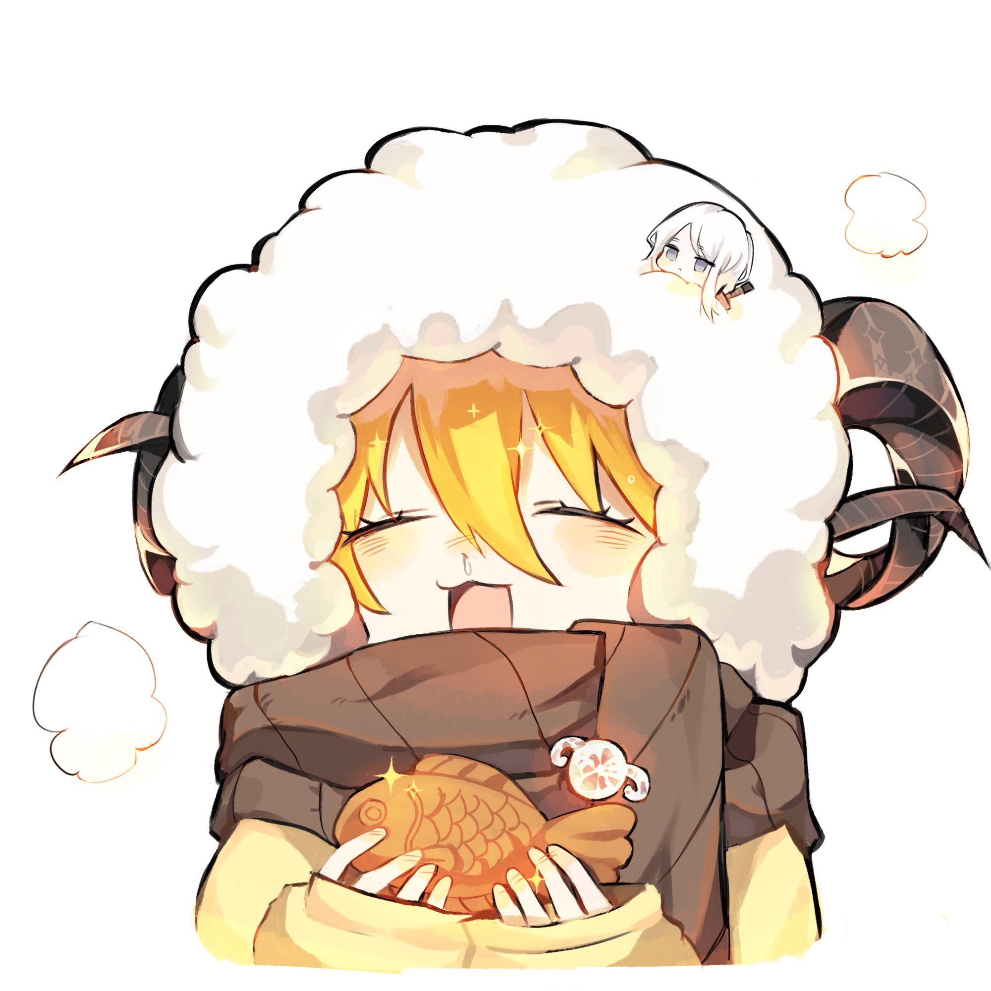 don quixote (project moon), faust (project moon), limbus company, project moon, commentary, highres, symbol-only commentary, 2girls, :3, blonde hair, brown scarf, chibi, closed eyes, food, fur hood, hair between eyes, heishou pack-wei branch (identity) (project moon), holding, holding food, horns, jacket, jitome, limerice 0, long sleeves, multiple girls, open mouth, scarf, sheep horns, simple background, sleeves past wrists, smile, snot, sparkle, taiyaki, wagashi, white background, white hair, yellow jacket
