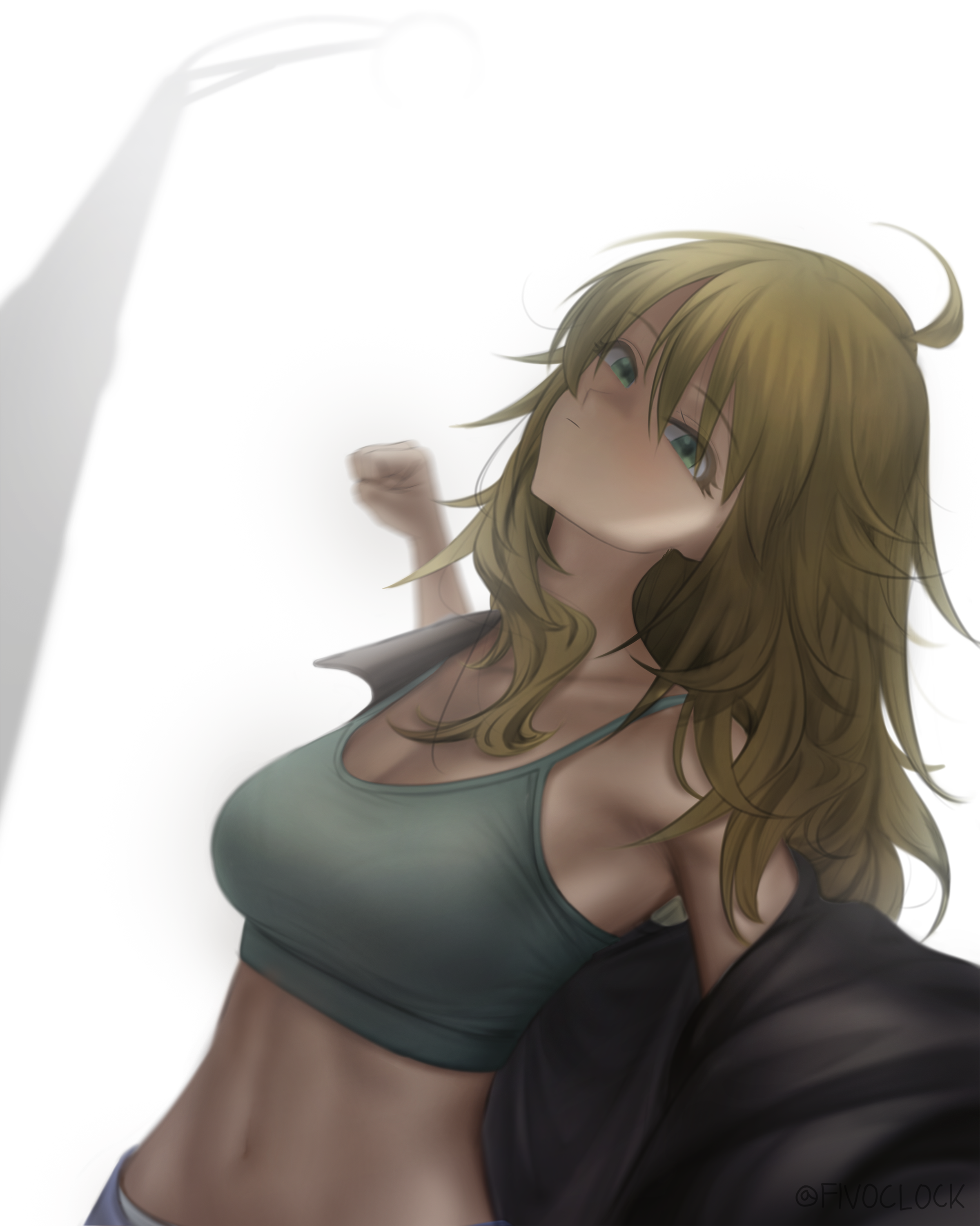 fivoclock, hoshii miki, idolmaster, idolmaster (classic), absurdres, commentary, highres, symbol-only commentary, 1girl, ahoge, blonde hair, breasts, closed mouth, green eyes, green sports bra, incoming attack, incoming punch, korean girl in a gru scarf punching (meme), long hair, looking at viewer, meme, midriff, navel, punching, solo, sports bra, twitter username, white background