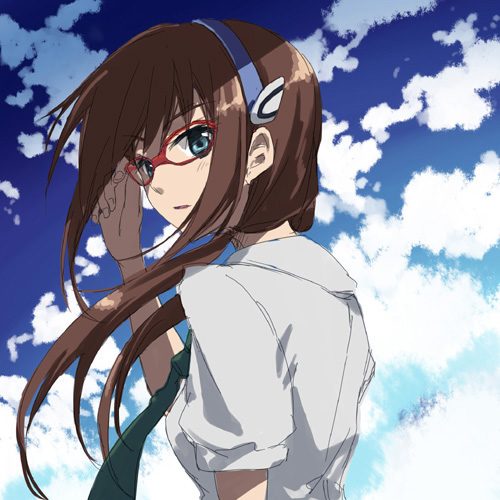 hamayumiba sou, makinami mari illustrious, evangelion: 2.0 you can (not) advance, neon genesis evangelion, rebuild of evangelion, lowres, 00s, 1girl, adjusting eyewear, blue eyes, brown hair, cloud, day, female focus, glasses, hairband, long hair, necktie, sky, solo, wind