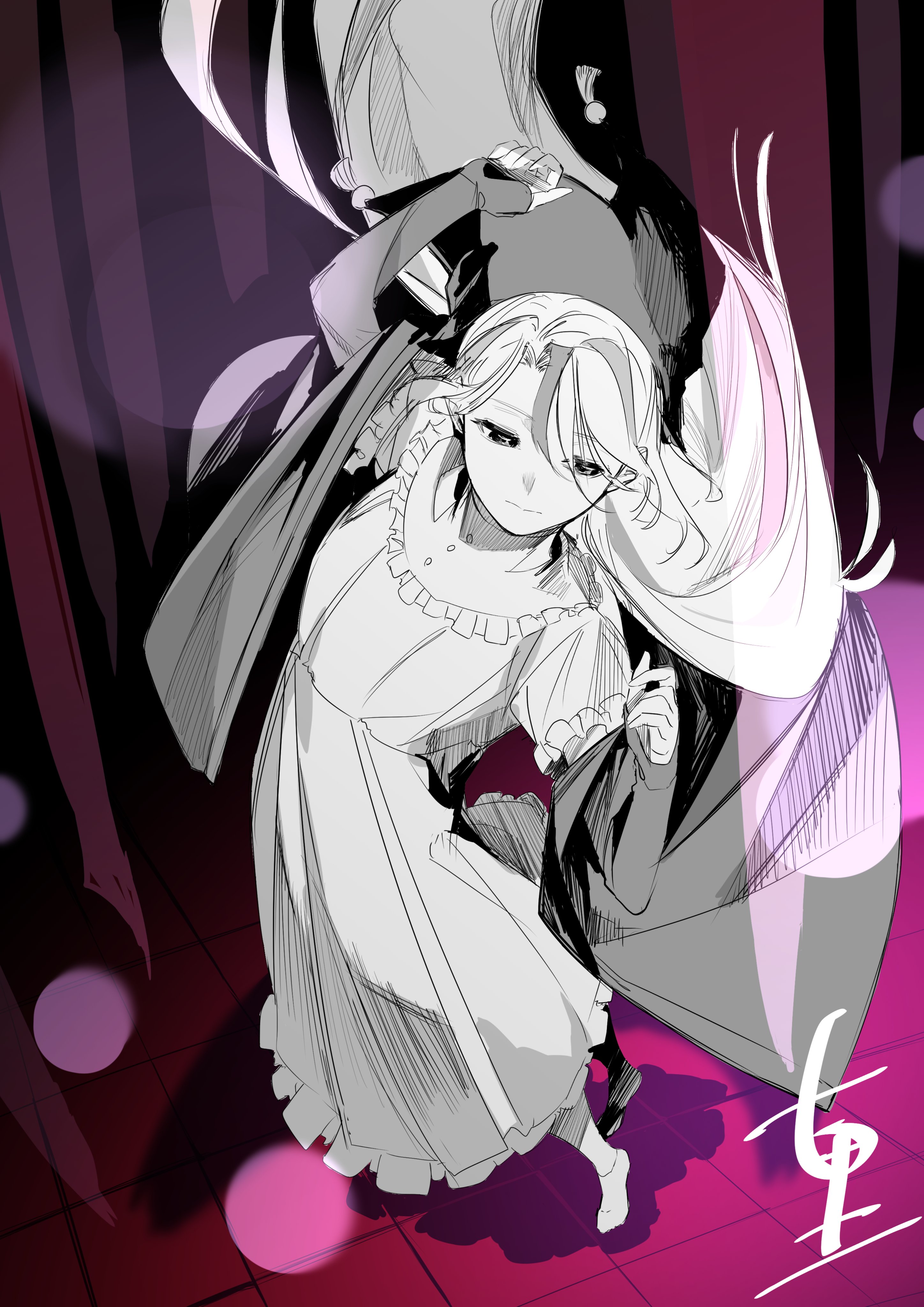 fccrcrvim924172, jikishirone, madan no ichi, absurdres, commentary request, highres, 1girl, coat, dress, hat, hood, hoodie, jester, long hair, monochrome, multicolored hair, puffy sleeves, short sleeves, solo