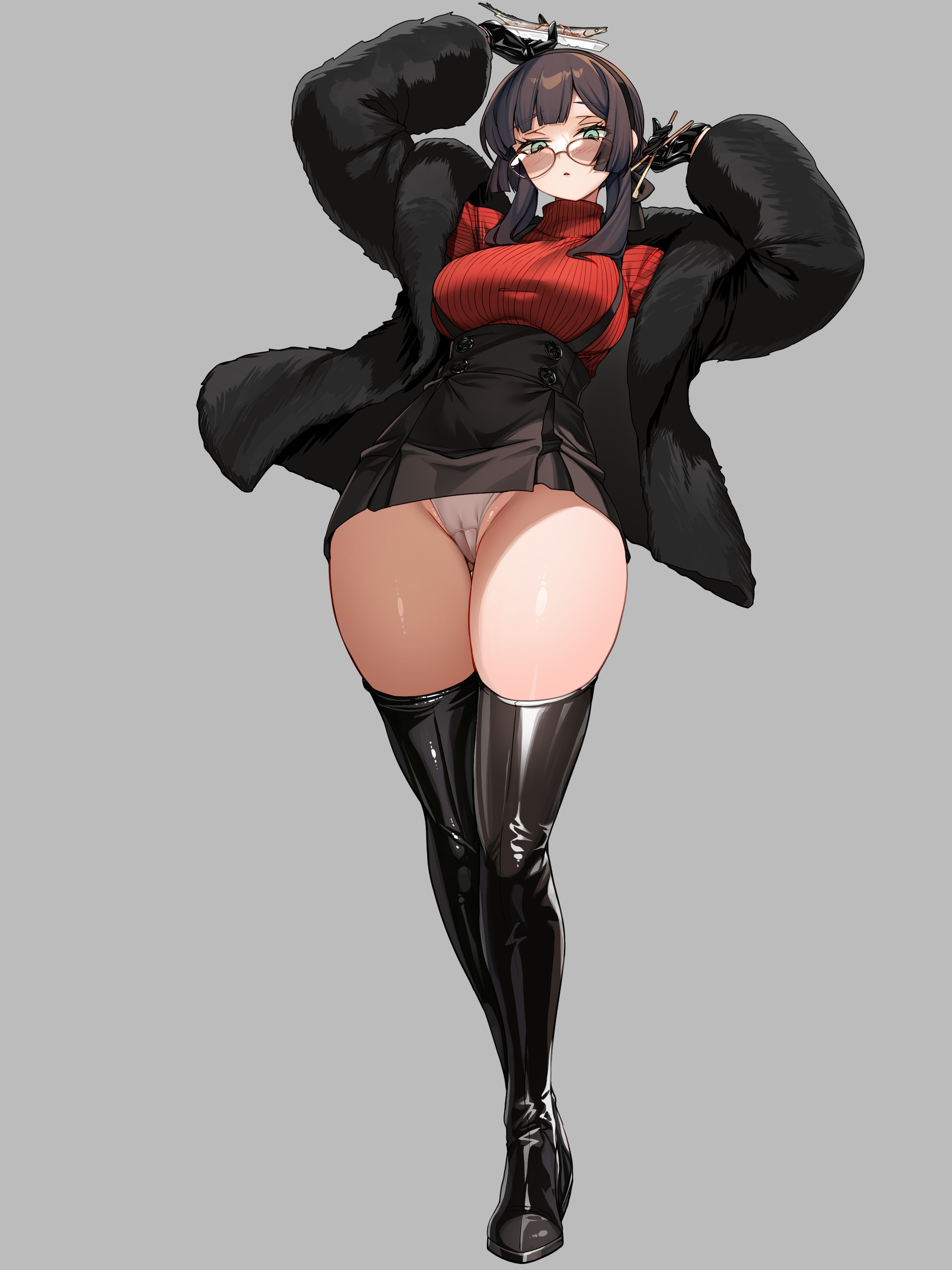 torisan, mogador (kancolle), kantai collection, absurdres, commentary request, highres, 1girl, arms up, black coat, black gloves, black hair, black skirt, boots, breasts, cameltoe, coat, curvy, full body, glasses, gloves, green eyes, grey background, large breasts, long sleeves, looking at viewer, open clothes, open coat, panties, parted lips, red sweater, ribbed sweater, simple background, skirt, solo, standing, sweater, thigh boots, thighs, turtleneck, turtleneck sweater, underwear, white panties