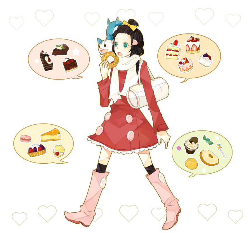 shikanaka, dawn (pokemon), pachirisu, nintendo, pokemon, bad id, bad pixiv id, 1girl, alternate costume, bag, black hair, boots, bow, brown hair, cake, candy, coat, cream puff, cupcake, donut, eating, food, gen 4 pokemon, green eyes, hair bow, heart, holding, knee boots, kneehighs, macaron, open mouth, pastry, pie, pink boots, pokemon (creature), scarf, short hair, socks, spoken food, tart (food), thighhighs, walking, white scarf, winter clothes, zettai ryouiki