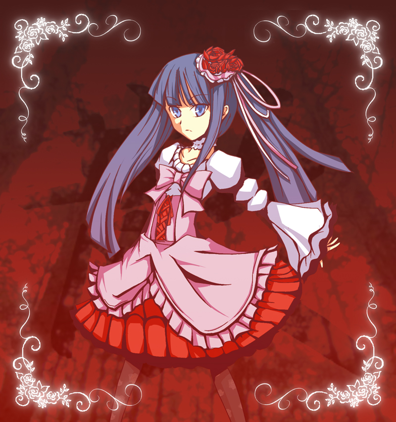 amida atsumu, furudo erika, umineko no naku koro ni, bad id, bad pixiv id, 00s, 1girl, blue eyes, blue hair, bow, choker, female focus, flower, matching hair/eyes, pink bow, solo, twintails