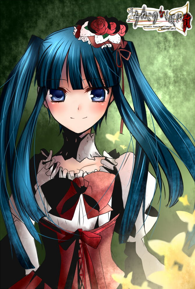 kinatsu souju, furudo erika, umineko no naku koro ni, bad id, bad pixiv id, 00s, blue eyes, blue hair, choker, flower, solo, twintails