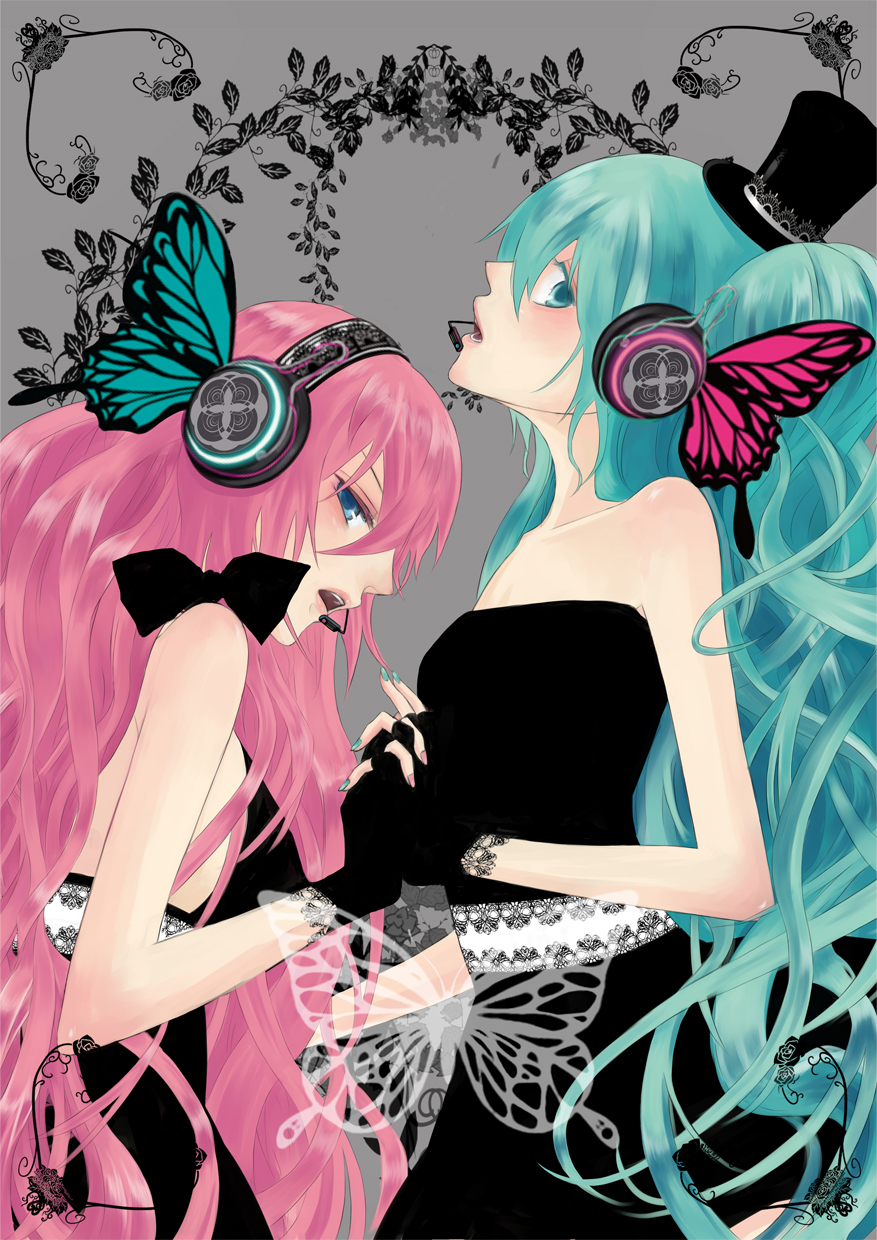 air 0, rakka (artist), hatsune miku, megurine luka, magnet (vocaloid), vocaloid, bad id, bad pixiv id, highres, 2girls, blue eyes, butterfly wings, green eyes, green hair, hat, headphones, holding hands, insect wings, long hair, multiple girls, nail polish, pink hair, very long hair, wings, yuri