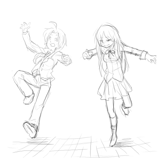 ikezawa hanako, nakai hisao, four leaf studios, katawa shoujo, 10s, long hair, school uniform, sketch, skirt