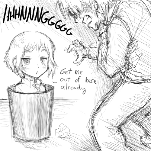 pimmy, nakai hisao, tezuka rin, 4chan, katawa shoujo, lowres, 10s, 1boy, 1girl, :<, amputee, armless amputee, bucket, comic, completely unamused, double amputee, english text, greyscale, heart attack, in bucket, in container, in trash can, indoors, meme, monochrome, open mouth, short hair, sketch, so moe i'm gonna die!, trash can, unamused