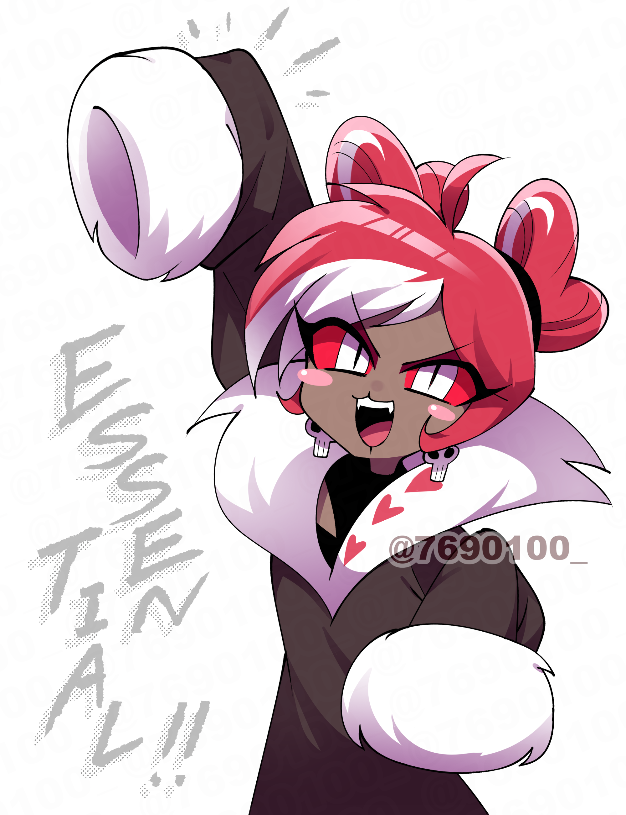 menattou, velvette (hazbin hotel), hazbin hotel, hellaverse, absurdres, commentary request, highres, 1girl, :3, :d, ahoge, arm up, black robe, black shirt, blush stickers, clothing cutout, colored sclera, double bun, earrings, fangs, fur-trimmed robe, fur-trimmed sleeves, fur trim, hair bun, halftone, halftone background, hand up, heart hair bun, jewelry, long sleeves, looking ahead, multicolored hair, official alternate costume, official alternate hair length, official alternate hairstyle, open mouth, red hair, red sclera, robe, shirt, simple background, skull earrings, sleeves past fingers, sleeves past wrists, slit pupils, smile, solo, streaked hair, swept bangs, teeth, tongue, twitter username, two-tone hair, upper body, upper teeth only, v-shaped eyebrows, white background, white eyes, white hair