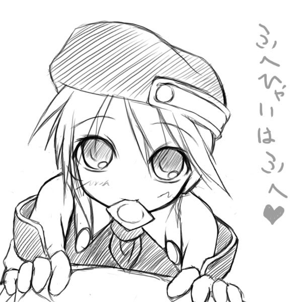 beigu, noel vermillion, arc system works, blazblue, bad id, bad pixiv id, translation request, 1girl, beret, blush, condom, condom in mouth, female focus, greyscale, hat, heart, monochrome, mouth hold, solo