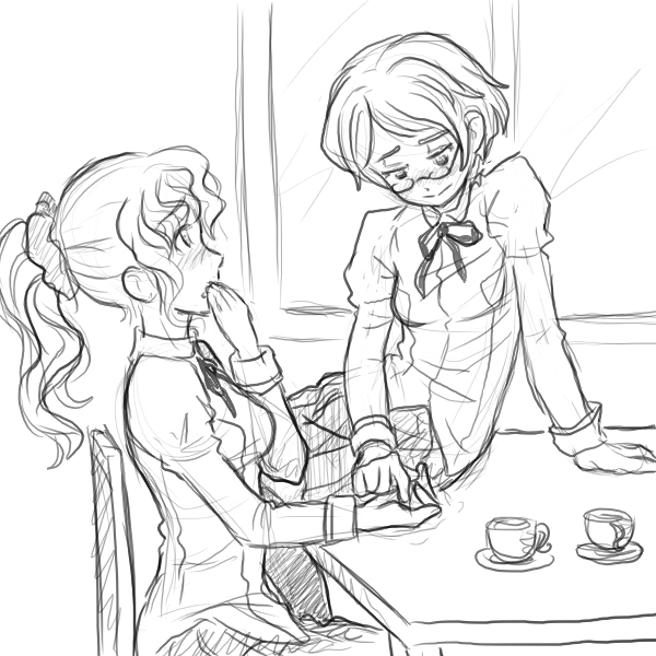 hakamichi shizune, satou lilly, katawa shoujo, 10s, blind, blush, comic, cup, deafness, helen keller method, long hair, monochrome, school uniform, teacup