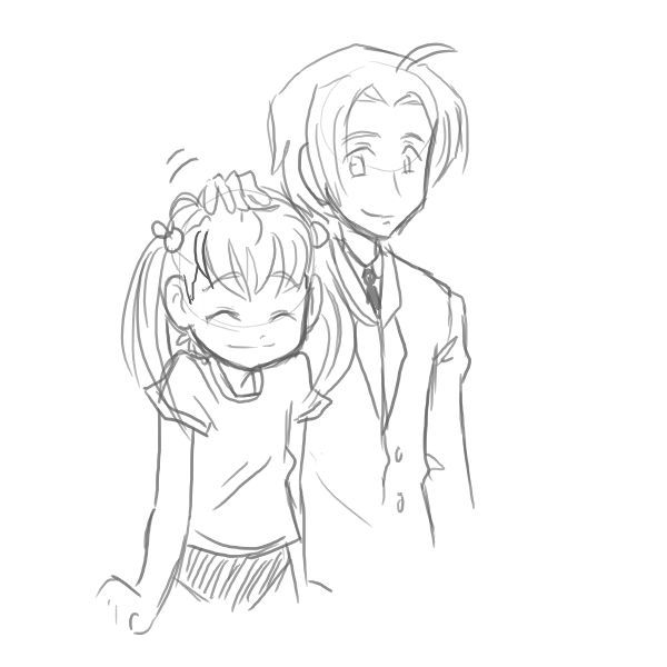 ibarazaki emi, nakai hisao, katawa shoujo, 10s, 1boy, 1girl, comic, gym uniform, hair ruffle, happy, monochrome, school uniform, smile, twintails, white background