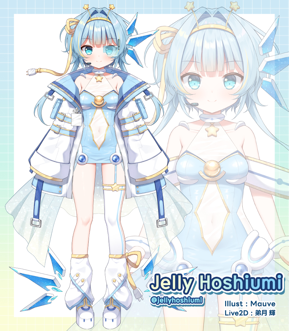 mauve, jelly hoshiumi, phase connect, commentary request, official art, 1girl, bare shoulders, blue dress, blue eyes, blue hair, breasts, character name, closed mouth, collarbone, covered navel, dress, hair intakes, hairband, headset, jacket, long hair, long sleeves, loose socks, multiple views, open clothes, open jacket, platform shoes, scouter, see-through clothes, shoes, single thighhigh, sleeves past fingers, sleeves past wrists, small breasts, smile, socks, star (symbol), star in eye, symbol in eye, thighhighs, twitter username, virtual youtuber, white background, white jacket, white shoes, white socks, white thighhighs, yellow hairband, zoom layer