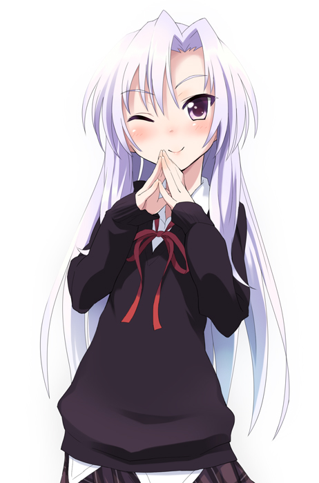 oryo (oryo04), original, bad id, bad pixiv id, long hair, one eye closed, purple eyes, ribbon, school uniform, smile, solo, white hair, wink