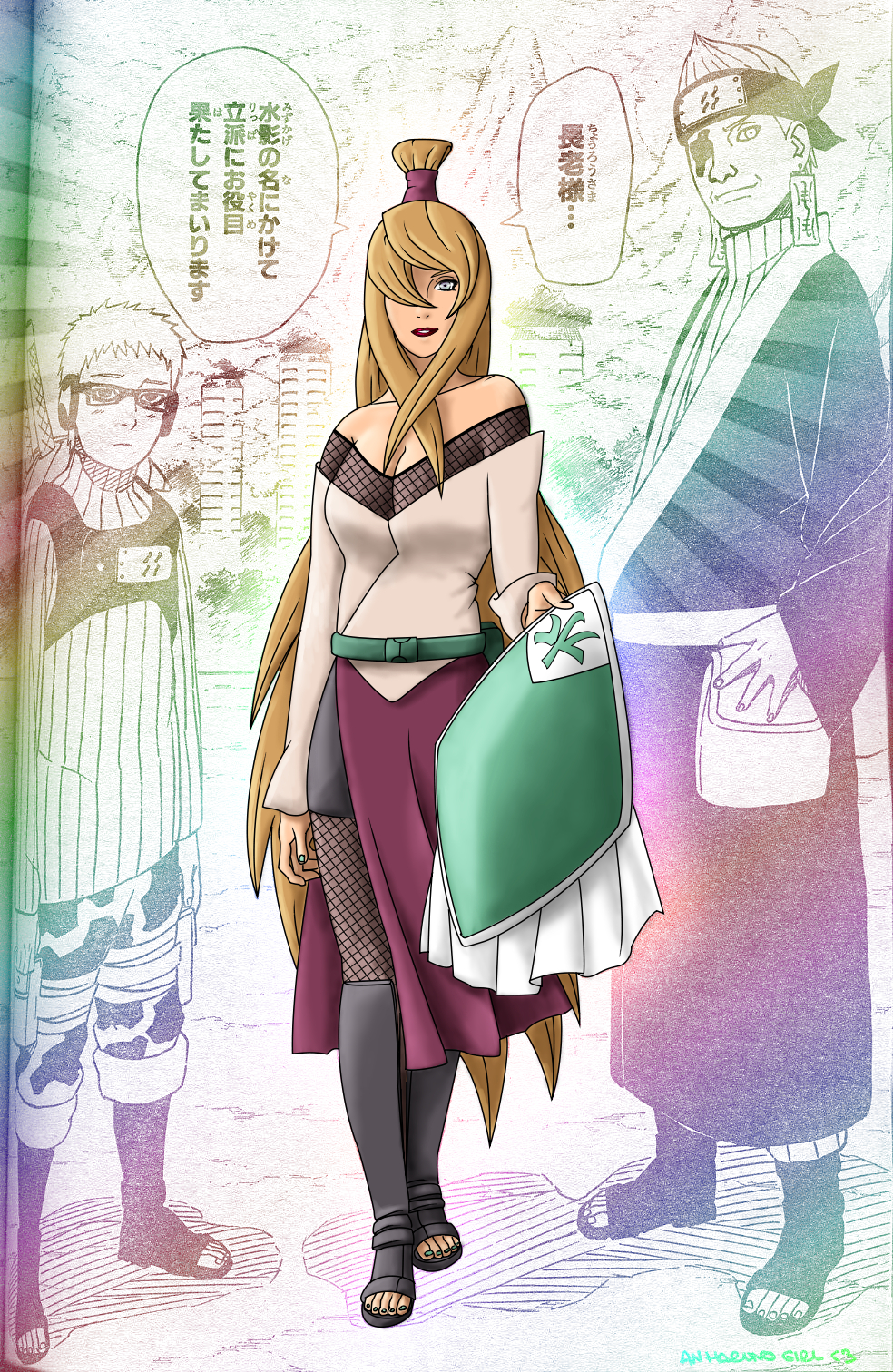 an-haruno-girl, ao (naruto), choujuurou (naruto), terumi mei, naruto (series), naruto shippuuden, striped, colorized, highres, 1girl, 2boys, bare shoulders, blonde hair, breasts, cleavage, colorful, comic, earrings, eyepatch, fishnets, glasses, grey eyes, hair over one eye, hat, headband, jewelry, large breasts, lipstick, long hair, makeup, multiple boys, nail polish, ninja, off shoulder, robe, sandals, toenail polish, toenails, very long hair, watermark