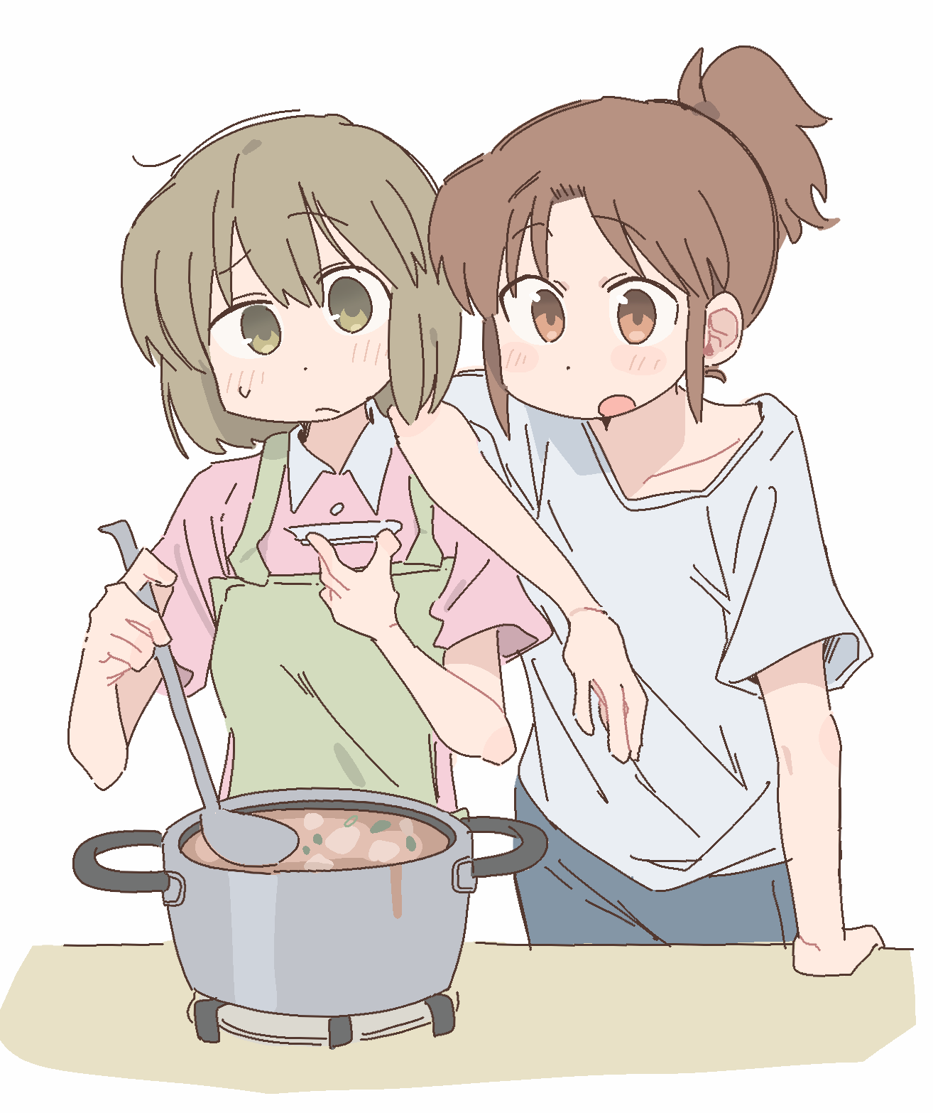 wichimi, nagumo midori, niikura (city), city (arawi keiichi), commentary, highres, 2girls, apron, blonde hair, blue pants, brown hair, buttons, closed mouth, collared shirt, cooking pot, dot nose, food, green apron, green eyes, holding, holding plate, holding spoon, long hair, looking at object, multiple girls, off-shoulder shirt, off shoulder, open mouth, pants, pink shirt, plate, ponytail, shirt, short hair, short sleeves, sidelocks, simple background, spoon, table, white background, white shirt