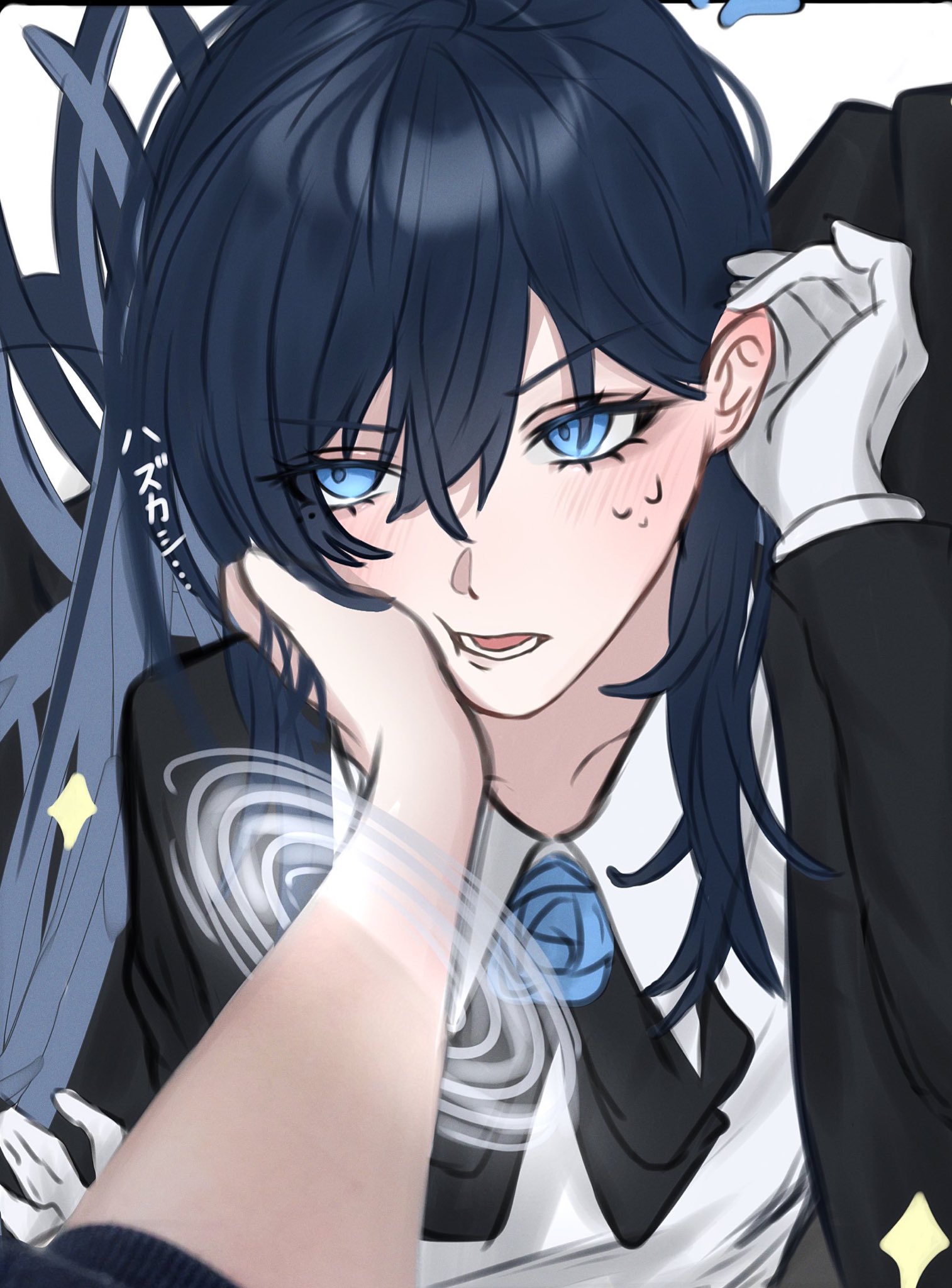 89 701, chando (ado), ado (utaite), commentary, highres, symbol-only commentary, 2girls, blue eyes, blue hair, blush, gloves, hair between eyes, hand on another's cheek, hand on another's face, long hair, mole, mole under eye, multiple girls, simple background, sweatdrop, tucking hair, upper body, utaite, white background, white gloves