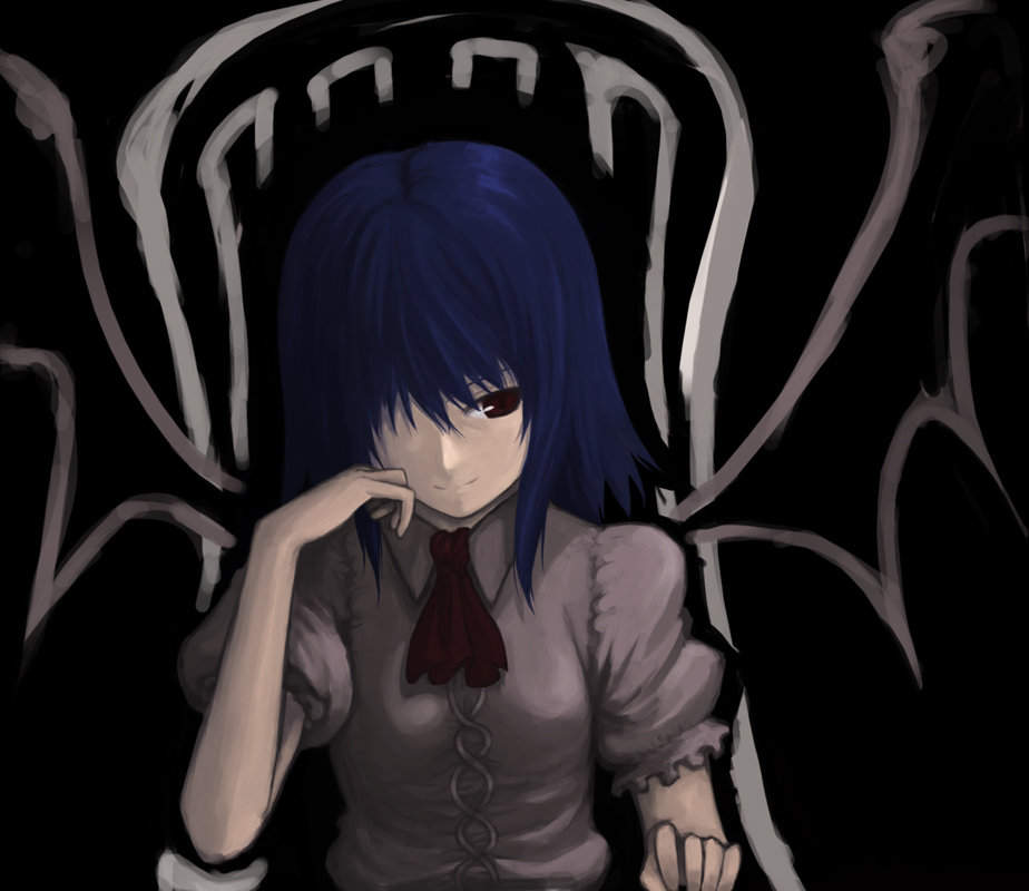 hiroya juuren, remilia scarlet, touhou, 1girl, bat wings, black background, blue hair, female focus, hair over one eye, red eyes, short hair, sitting, solo, vampire, wings