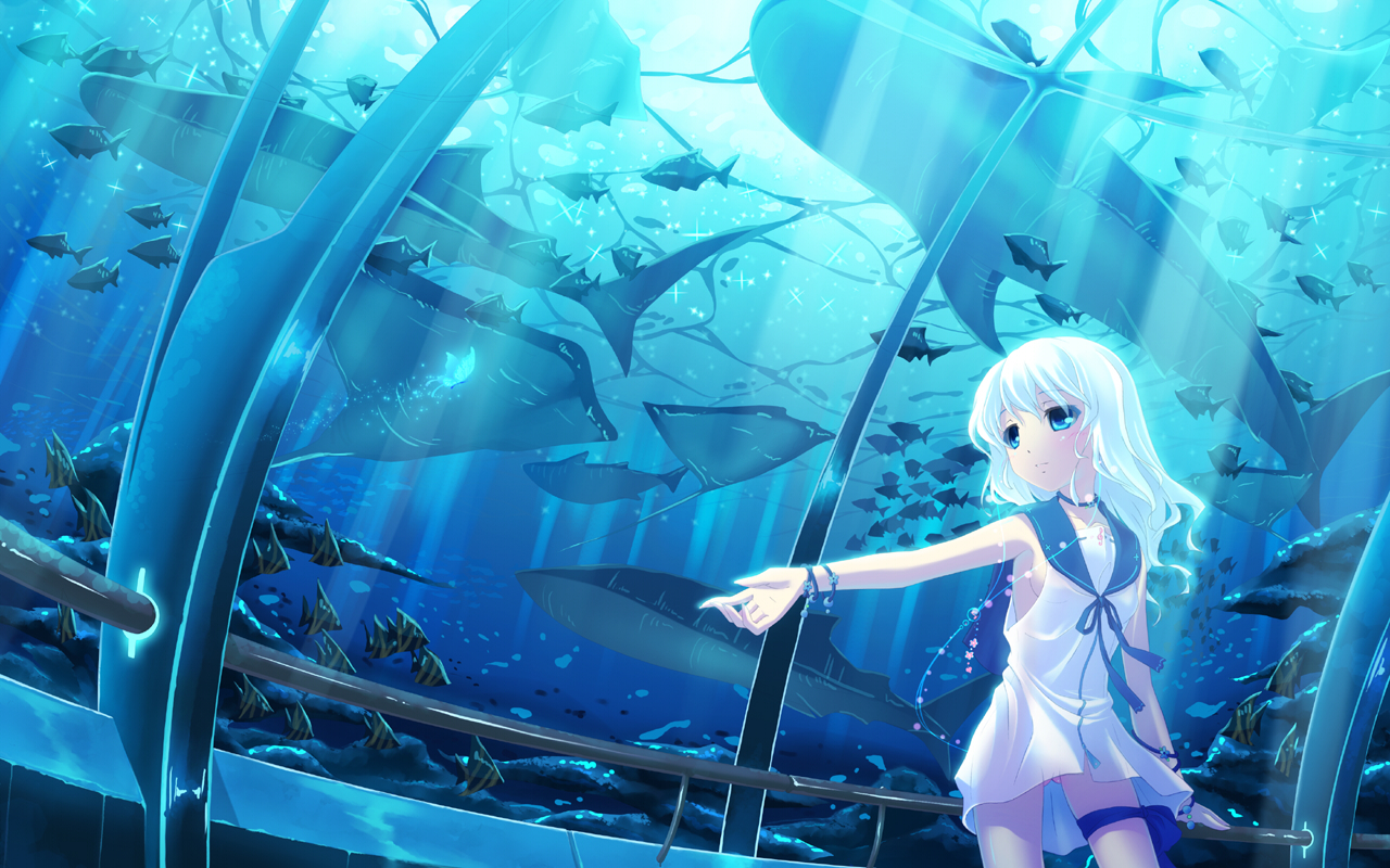 hinasaki you, original, 1girl, aquarium, blue eyes, blue hair, blue theme, bracelet, female focus, fish, jewelry, manta ray, matching hair/eyes, outstretched arm, school uniform, serafuku, solo, water