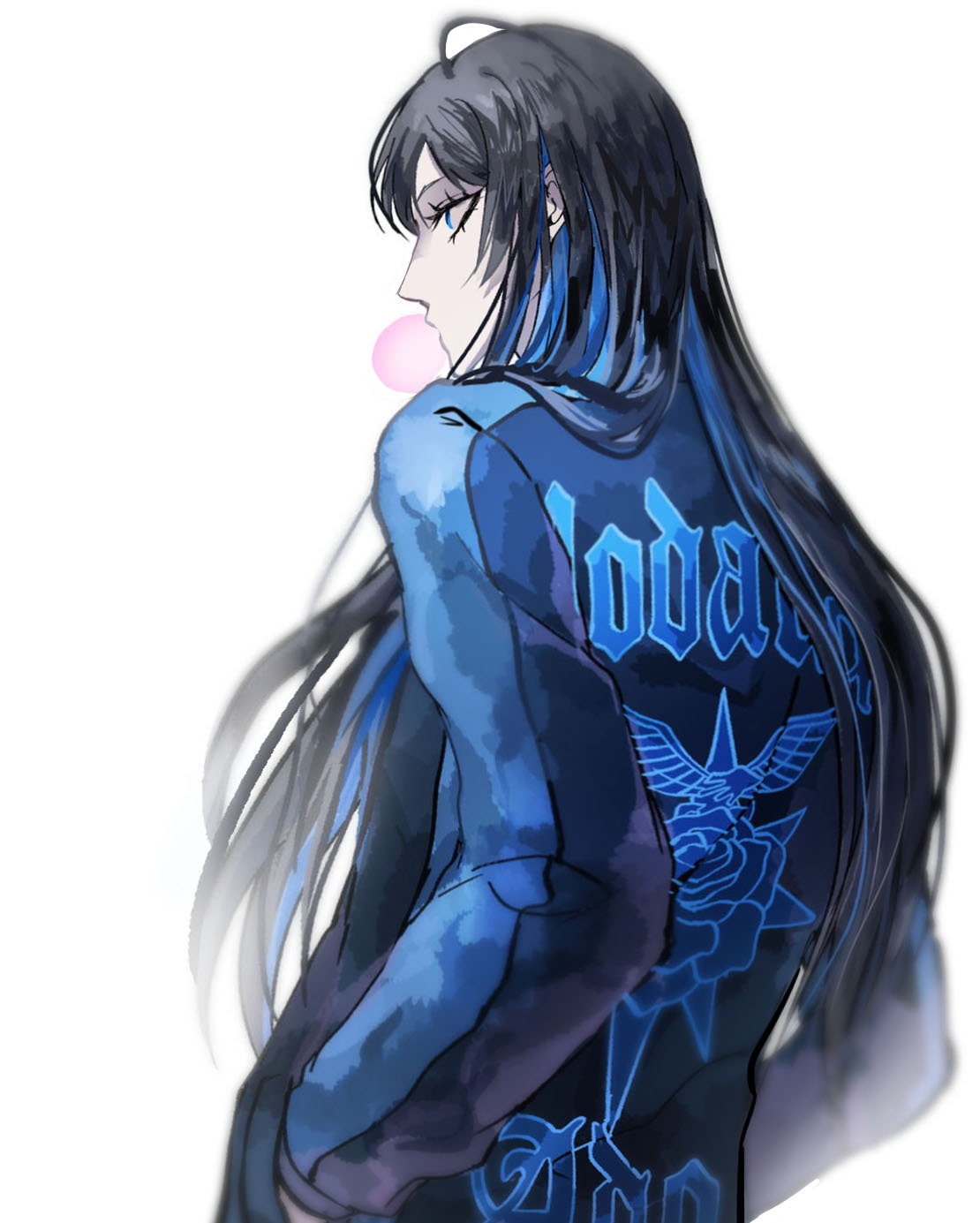 chando (ado), ado (utaite), highres, 1girl, black hair, blowing bubble gum, blue eyes, blue hair, blue jacket, chewing gum, hands in pockets, jacket, kkeraku, long hair, nail polish, simple background, solo, utaite, white background