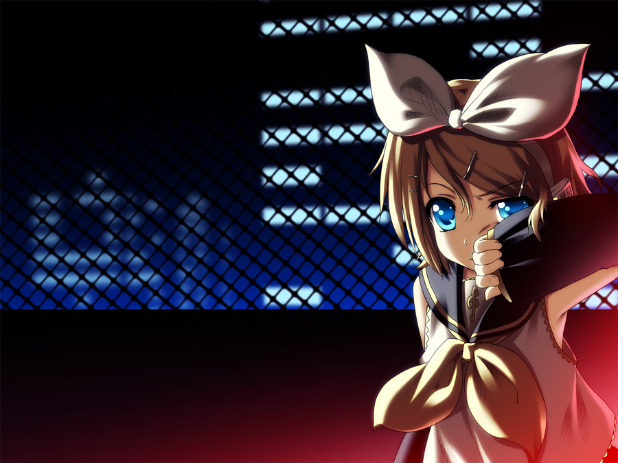 broiler, kagamine rin, vocaloid, bad id, bad pixiv id, 1girl, blonde hair, blouse, blue eyes, blurry, chain-link fence, city, depth of field, detached sleeves, female focus, fence, hair ornament, hair ribbon, hairclip, headphones, ribbon, sailor collar, shirt, sleeveless, sleeveless shirt, solo